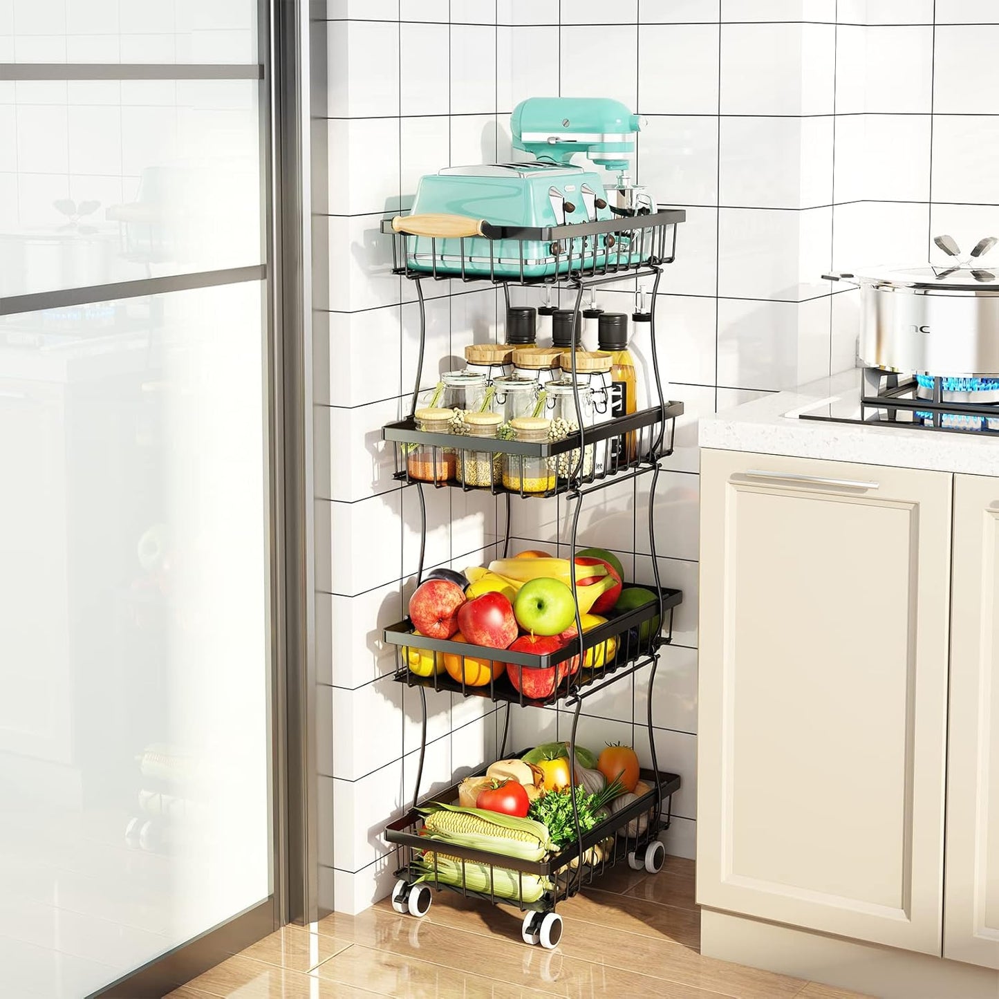 Fruit Vegetable Storage Basket for Kitchen - 4 Tier Slim Stackable Metal Wire Basket Cart with Rolling Wheels Utility Rack Onions Potatoes Organizer Bins for Kitchen Pantry Black