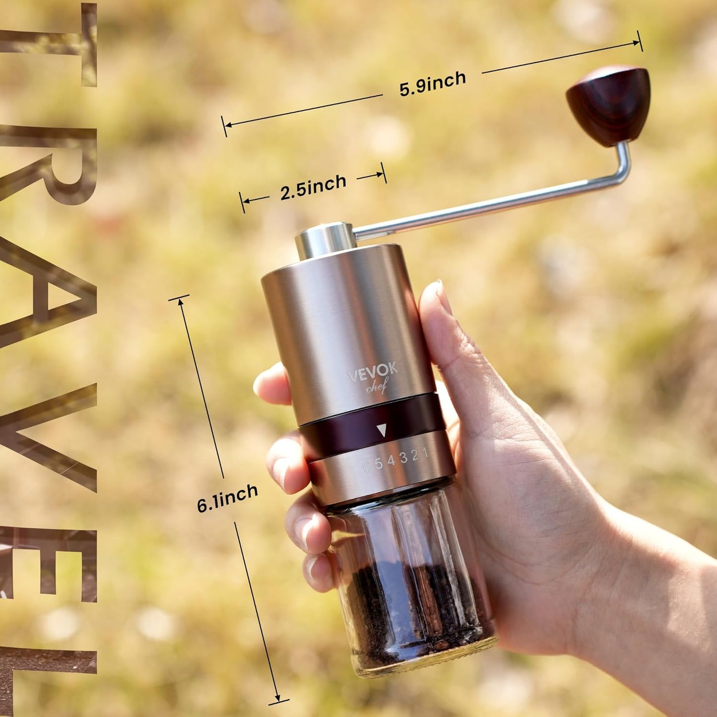 VEVOK CHEF Gold Manual Coffee Grinder Stainless Steel Burr Coffee Grinder with Portable Bag External Adjustable Setting Small Hand Coffee Grinder Ultra Fine for Espresso at Home Morning Coffee