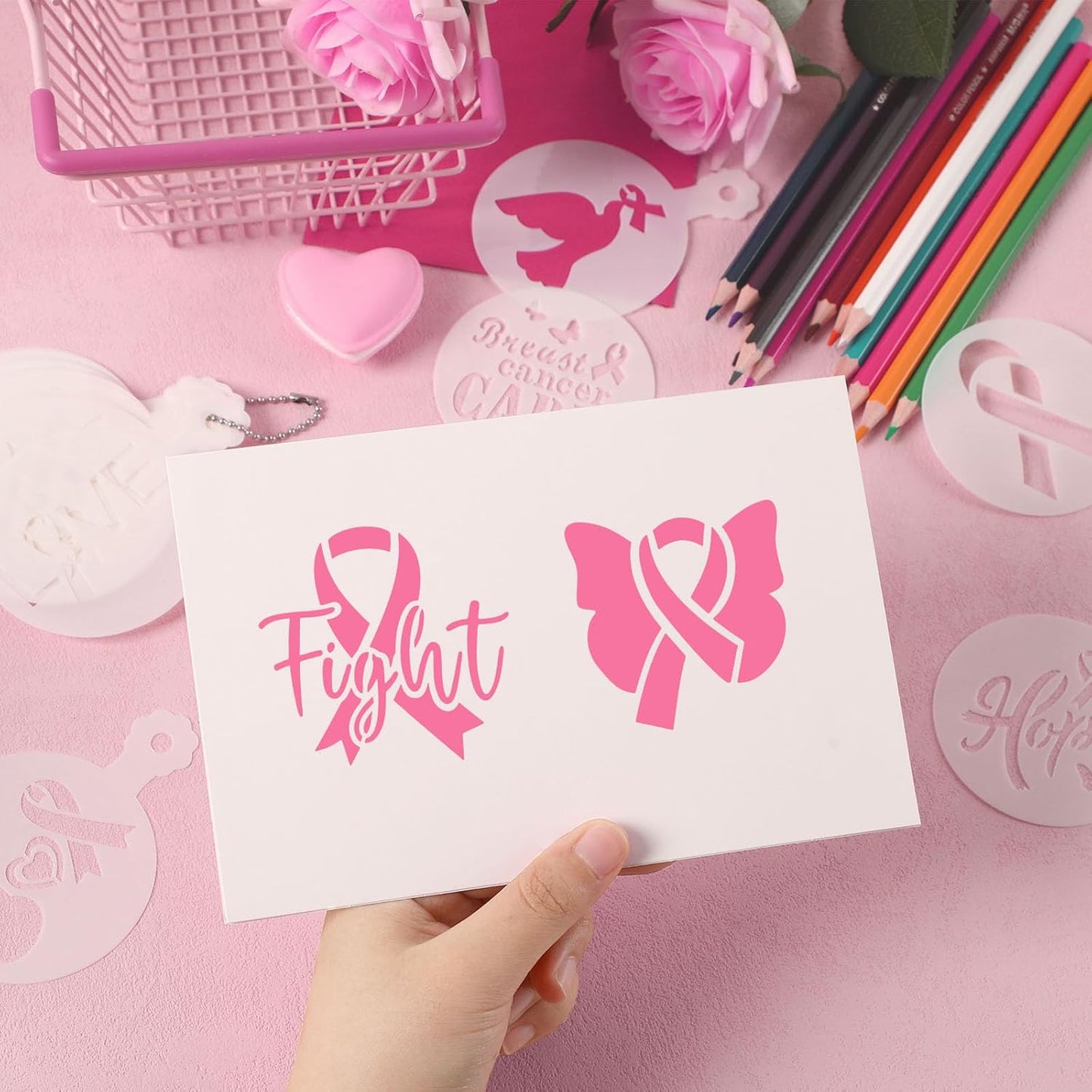 JULBEAR Breast Cancer Awareness Cookie Stencils, 36pcs Pink Ribbon Reusable Coffee Decoration Stencils Templates Tools for Cookies Baking Painting Dessert Decoration DIY Breast Cancer Awareness Party