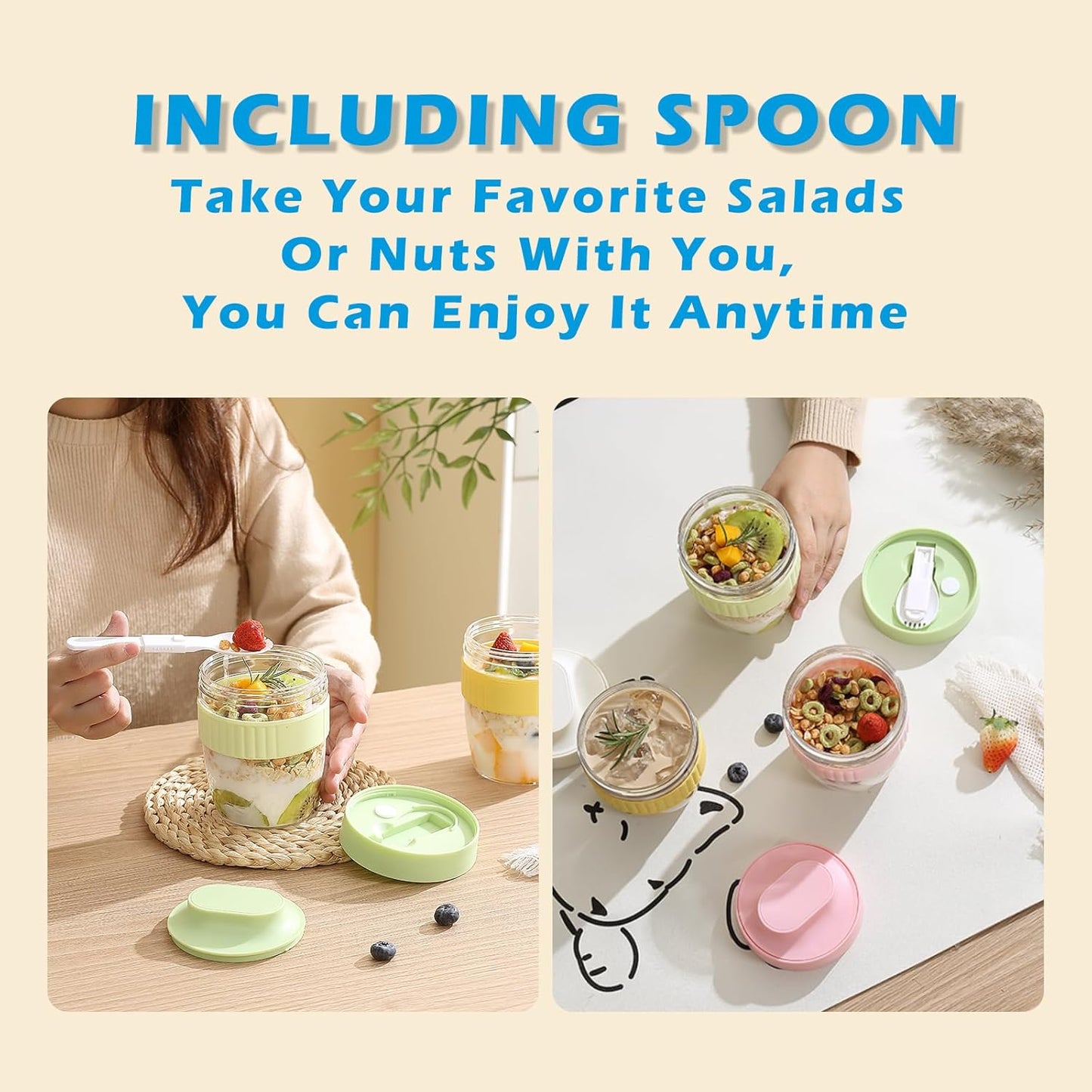 Breakfast On The Go Cups, Overnight Oats Containers With Lid And Folding Spoon, Take And Go Yogurt Cereal Snack Parfait Salad Containers For Lunch, Fruit & Vegetable Jar, 20 oz(Yellow)