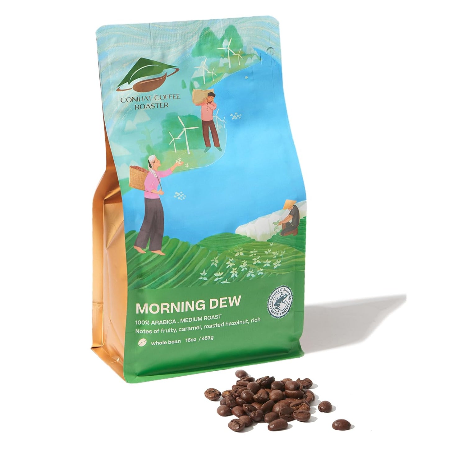 Conihat Whole Bean Coffee - 100% Vietnamese Premium Arabica, Medium Roast, Fruity, Caramel & Hazelnut Notes, Rich & Smooth, Low Acid, Single Origin, Hand-Picked,16 Oz Bag