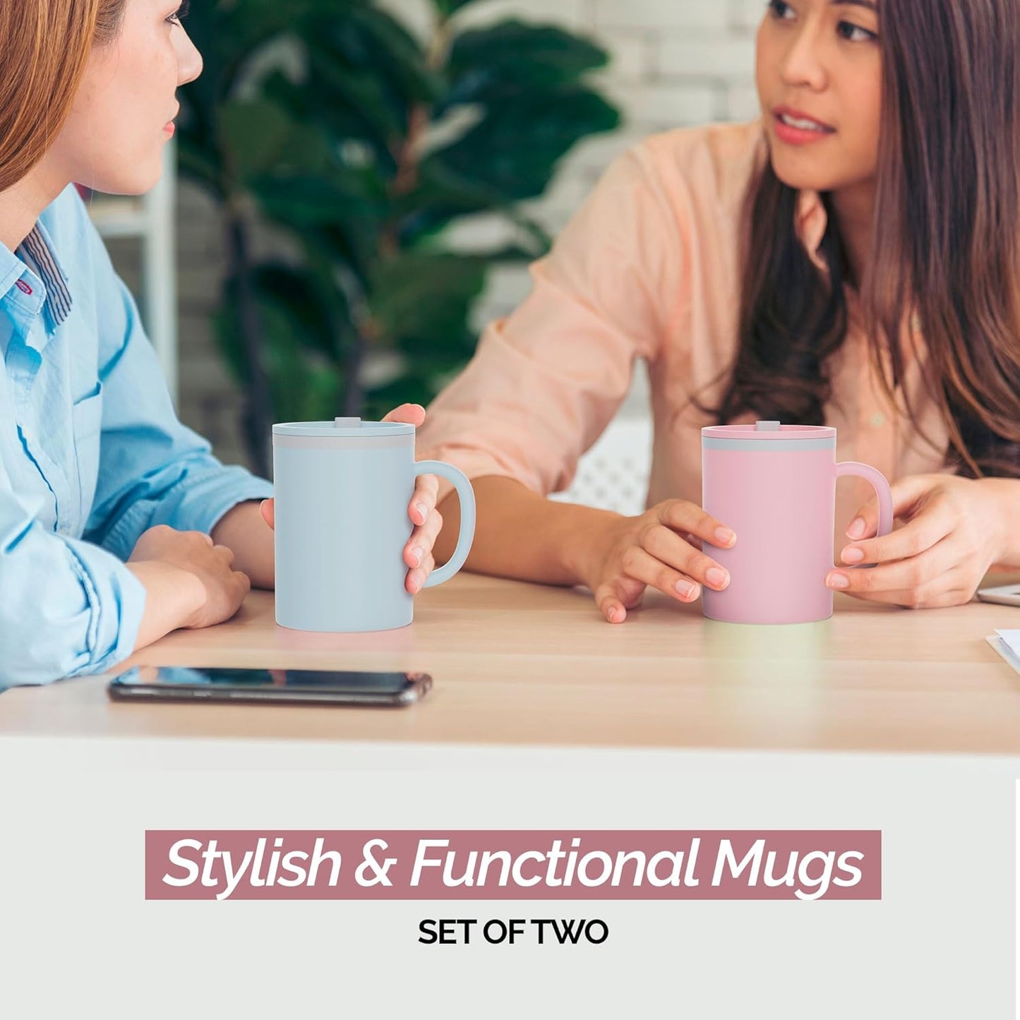 Copco Iconic 16oz Double Wall Insulated Desk Mug with Lid and Handle, Set of 2, BPA-Free Reusable Plastic, Spill-Proof, Microwave & Dishwasher Safe, Wide Mouth, Cup Holder Friendly (Light Blue/Pink)