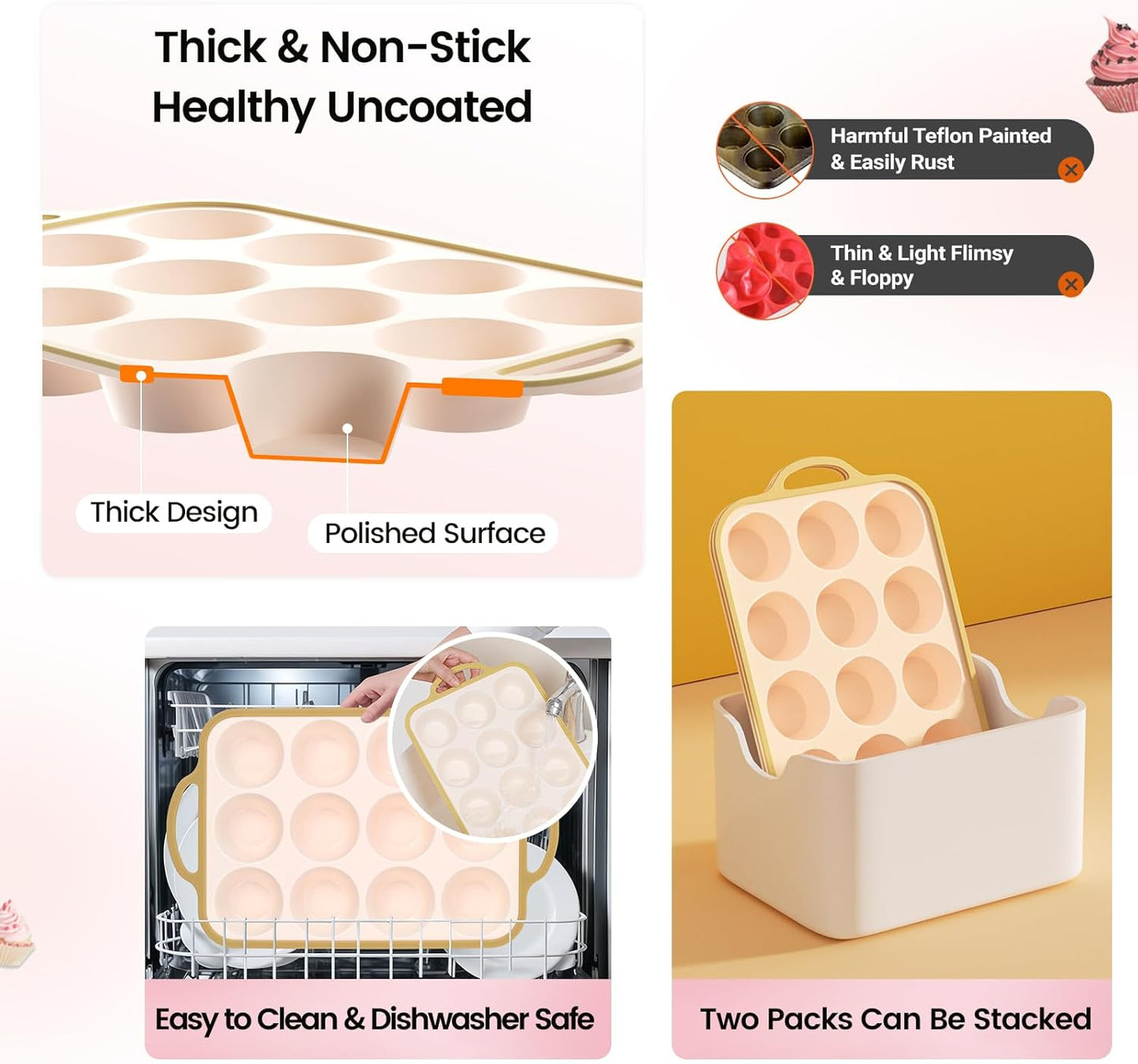 Silicone Muffin Pans for Baking 1 Pack, 2.6 Inch with Metal Reinforced Frame, Regular Size Nonstick Cupcake Pan 12 Cups for Baking Homemade Muffins, Dishwasher Safe BPA Free-Light Yellow