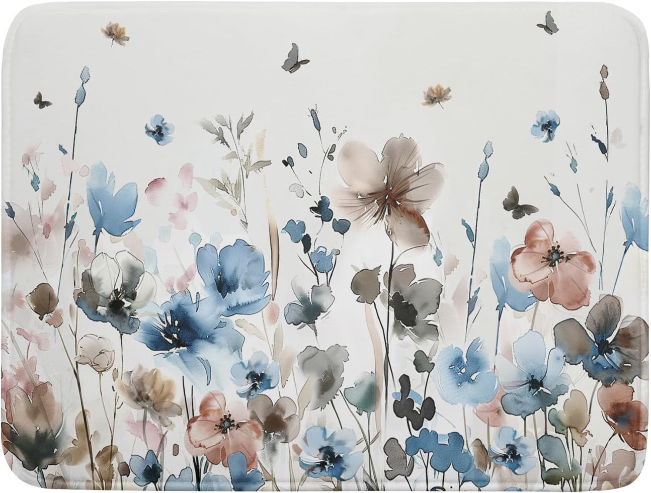 Giwawa Watercolor Floral Dish Drying Mat, 18"x24" Blue Grey Brown Flowers Kitchen Drainer Mats, Spring Summer Wildflower Microfiber Large Dish Drying Pad for Countertop Tabletop Decoration