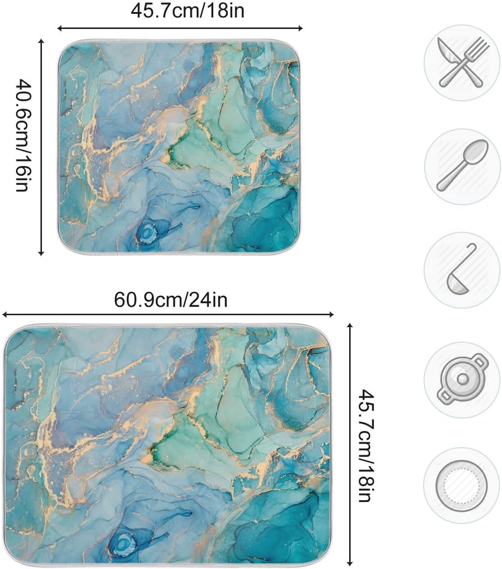 Marble Dish Drying Mat for Kitchen Counter Blue Teal Turquoise Gold Drying Mat 16 x 18 Inch with High Absorbent Reversible Microfiber Dish Drying Pad Dish Rack Pad Drainer Mat for Coffee Bar