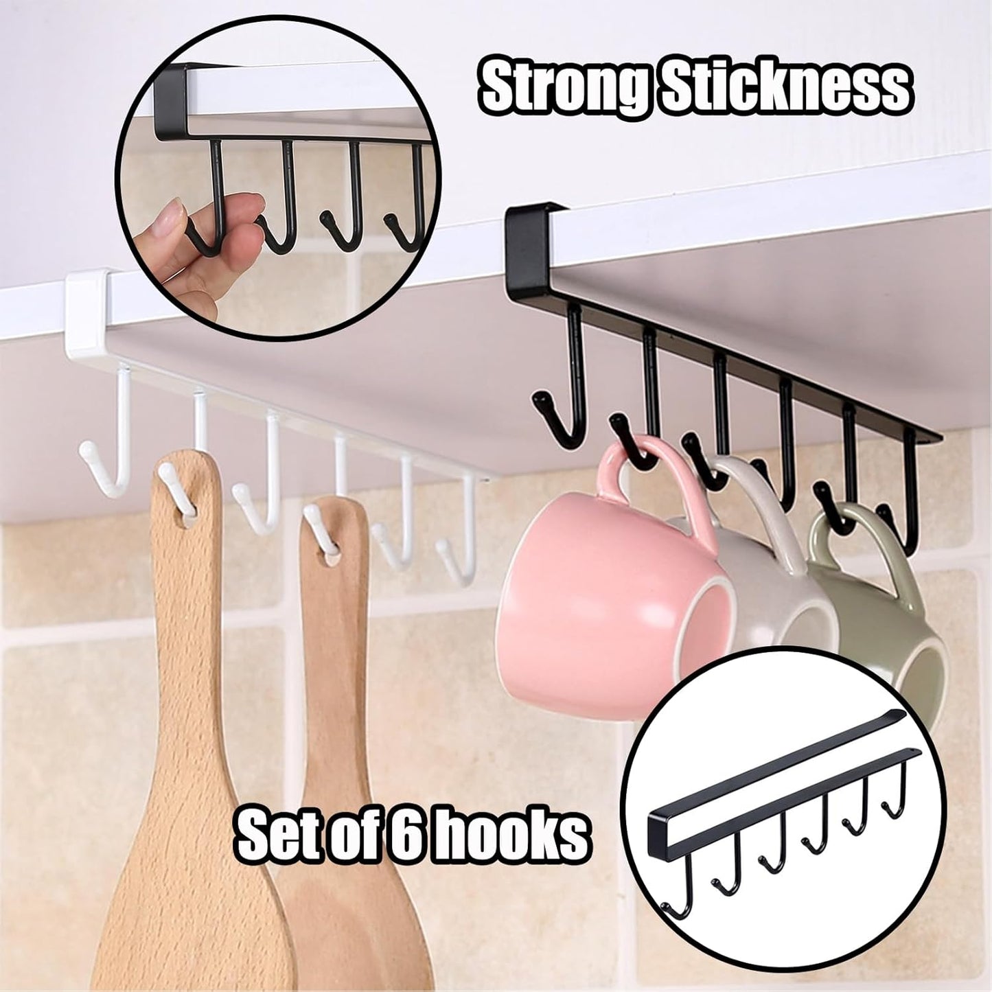 6PCS Mug Hooks Under Cabinet,Mug Holder Under Shelf,Coffee Cups Holder Hanger with 6 Hooks for Kitchen Utensils,Fit for 0.95 inch Thickness or Less,Drilling Free (White)