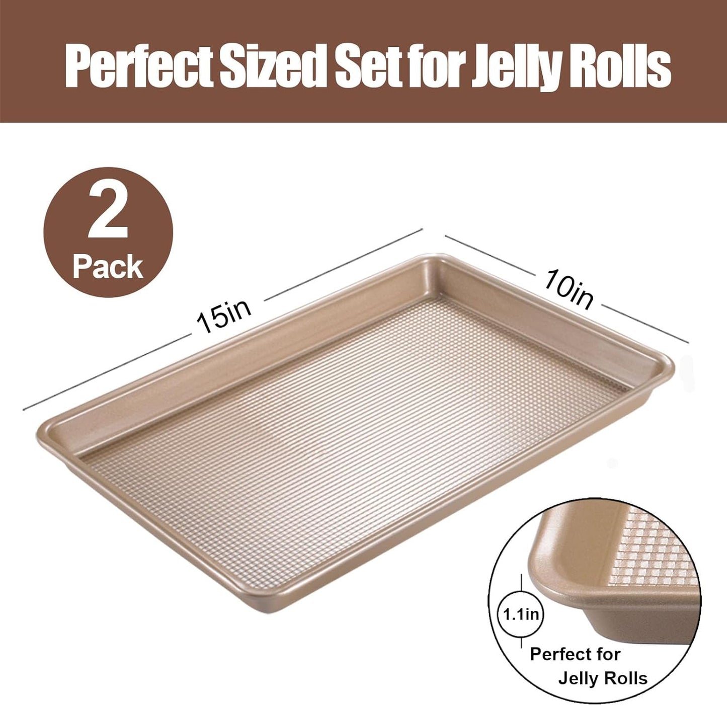 2 Pack Jelly Roll Pan 15x10 Inch, Diamond Texture Nonstick Cookie Sheet, 0.8mm Thick Heavy Duty Steel Baking Tray, Commercial Gold Baking Pans