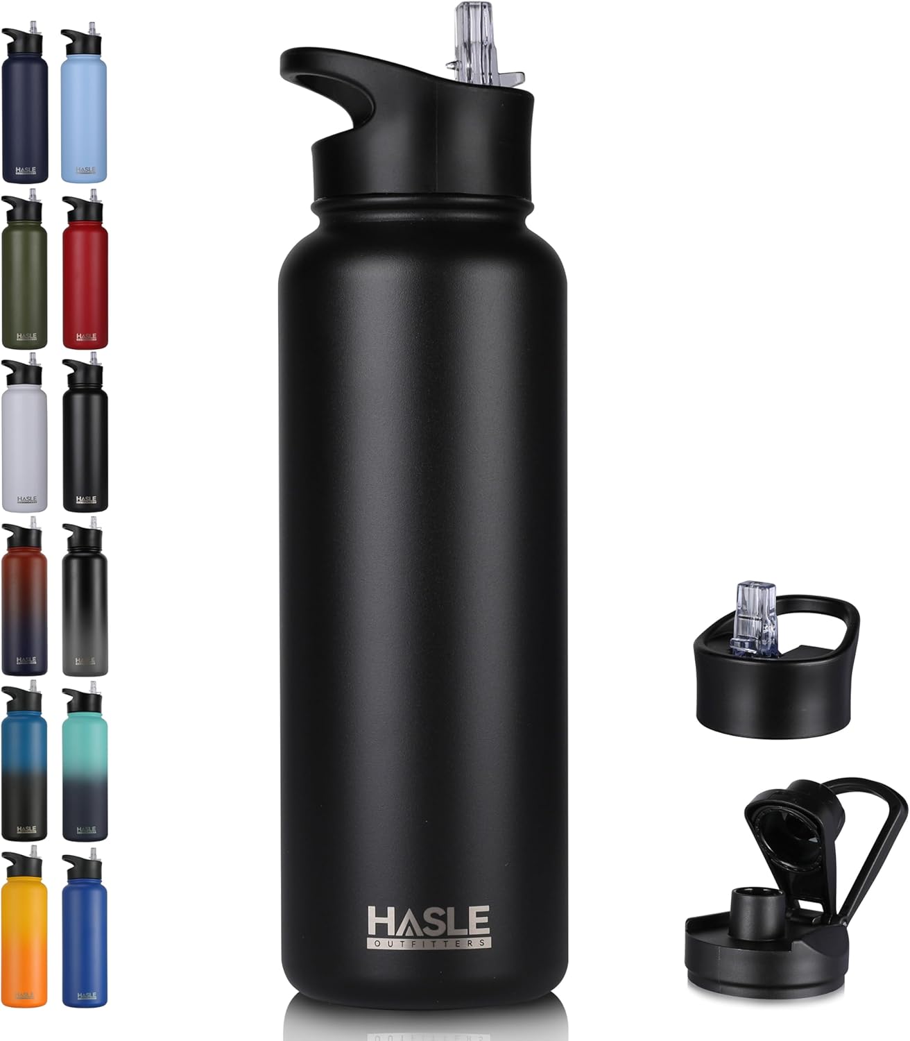 HASLE OUTFITTERS 40oz Stainless Steel Water Bottle, Vacuum Insulated Double Walled Leak Proof Sports Water Bottle with 2 Lids (Straw and Spout Lid) Thermo Mug Keep Cold and Hot(Black,1)