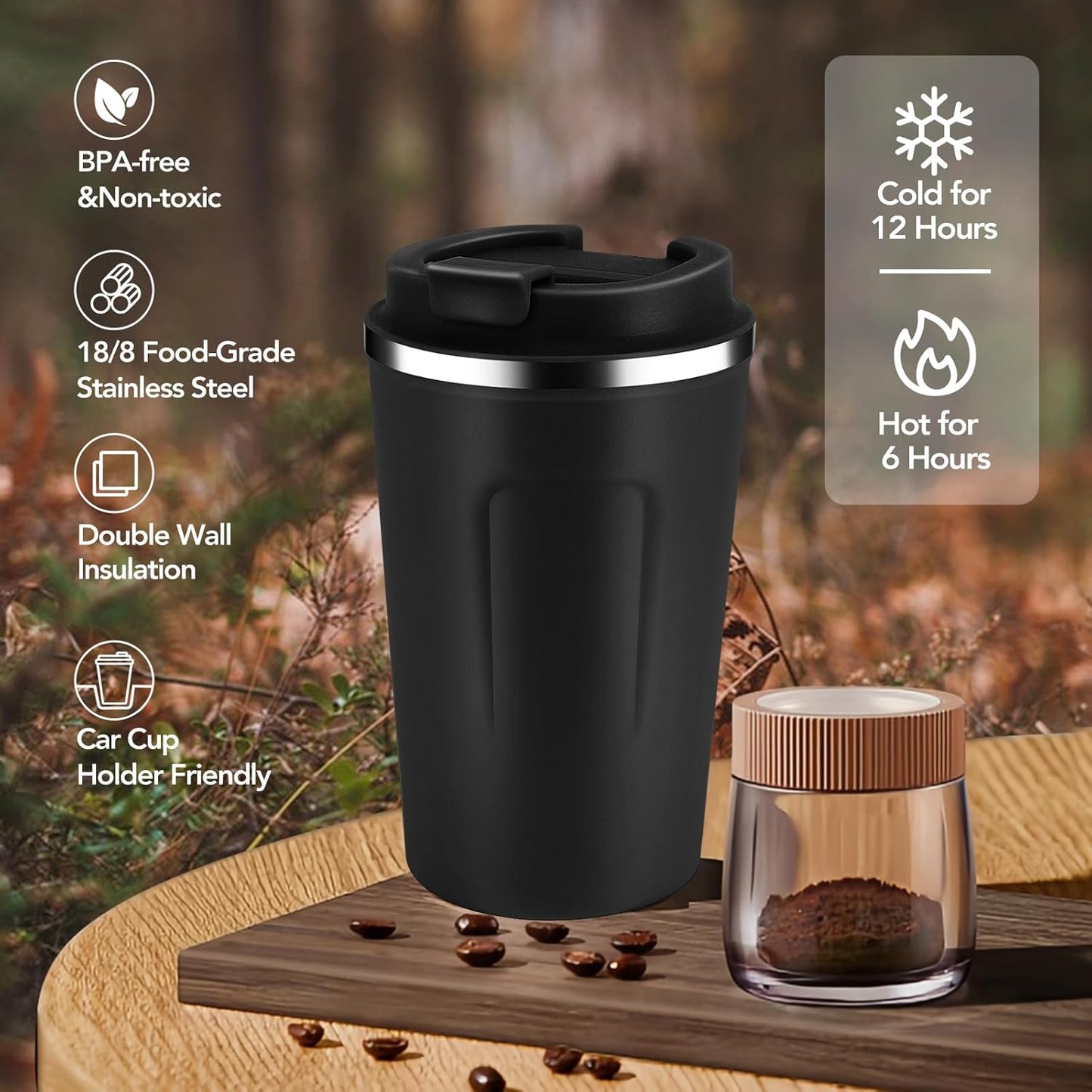 Volhoply 12 oz Double Wall Insulated Vacuum Travel Coffee Mug with Flip Lid,Reusable Stainless Steel Leak Proof Coffee Cup,Portable Iced Cafe Thermal Tumbler Suitable for Hot&Cold Drinks(Black,1 Set)