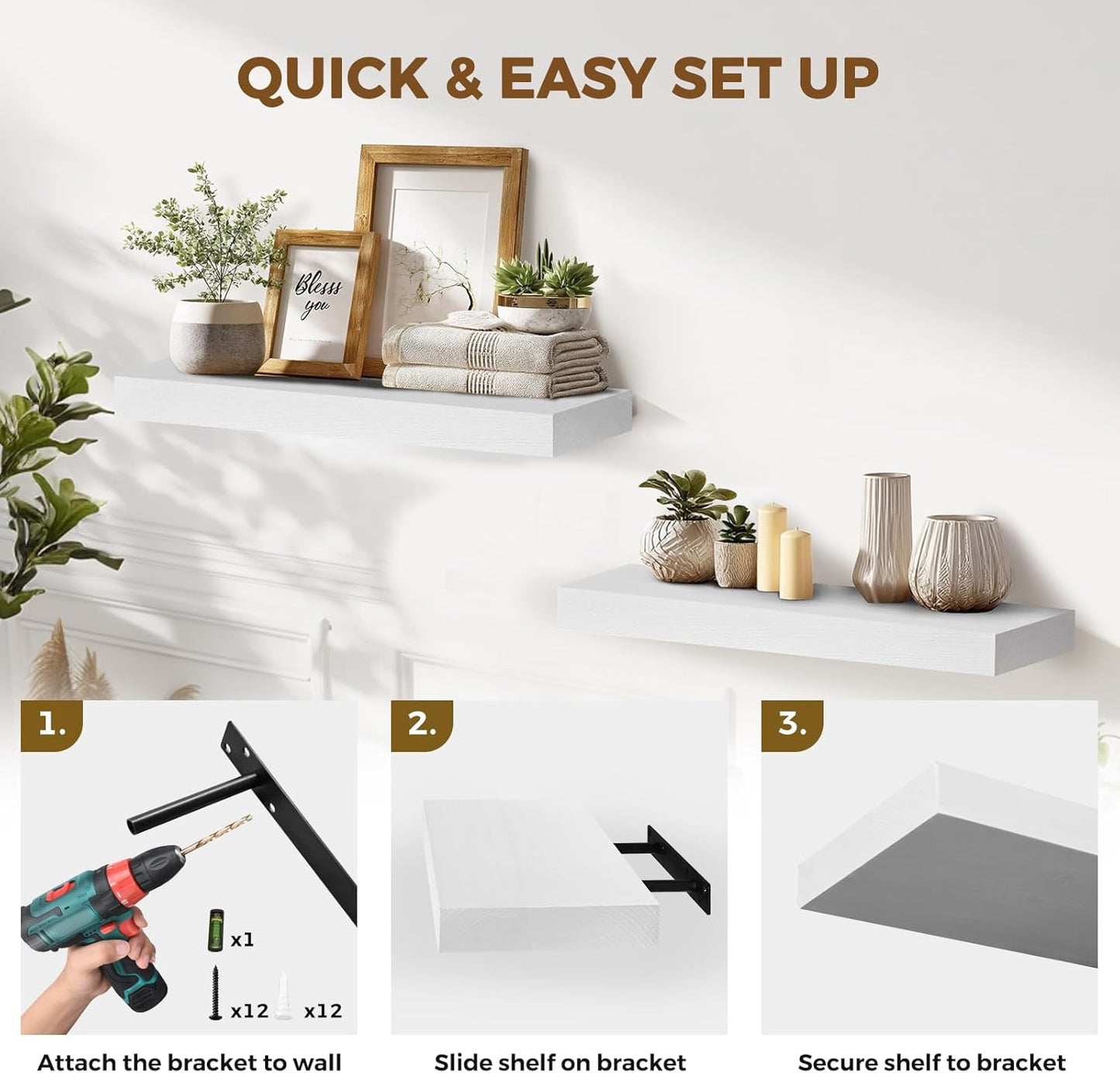 17x8x1.6 inch Floating Shelves Set of 2 – Solid Wood Rustic White Wall Mounted Shelf for Kitchen, Bathroom, Living Room