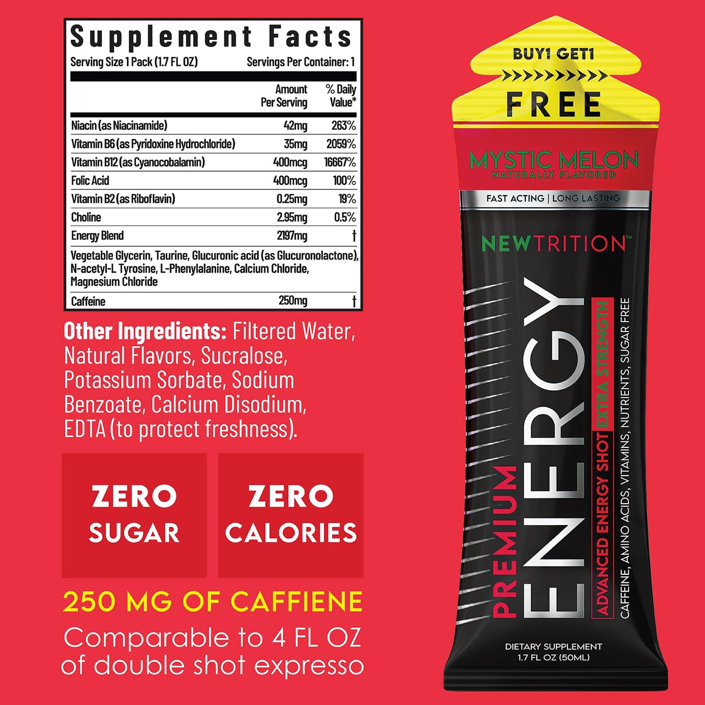 NewTrition® Extra Strength Energy Shots, 250mg Caffeine Energy Shots with Vitamin B & Amino Acids, Sugar-Free Vitamin Energy Shot, 1.7 fl oz (Pack of 12, Mystic Melon)