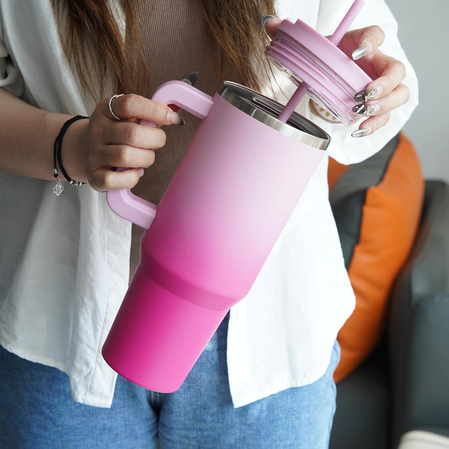 40 oz Tumbler with Handle and 2 Straws,2 in 1 Lid Insulated Water Bottle Stainless Steel Travel Coffee Mug,Cherry Blossoms