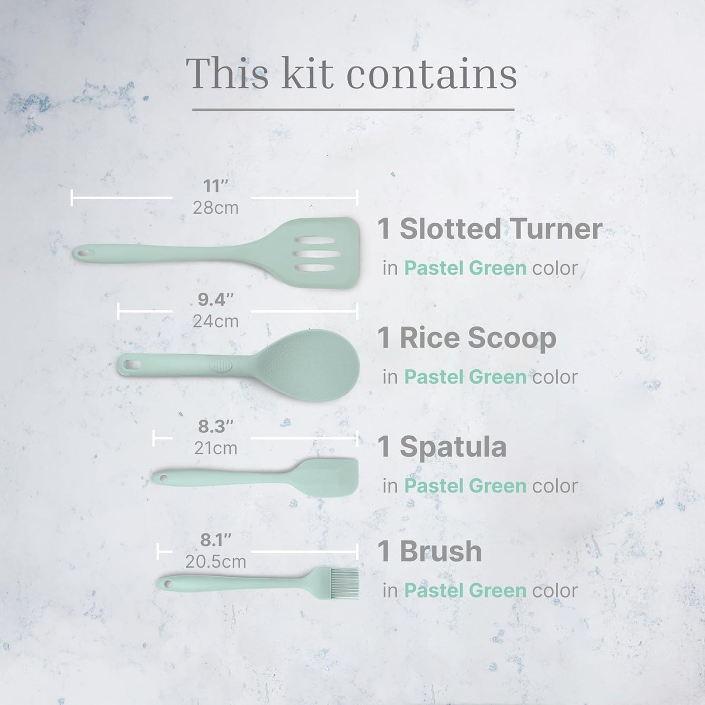 Silicone Utensils 4-Piece Set – Rubber Spatula, Pastry Brush, Slotted Turner, and Rice Paddle – Complete Heat-Resistant Set for Non-Stick Cookware – Kitchen Tools for Cooking and Baking – Pastel Green