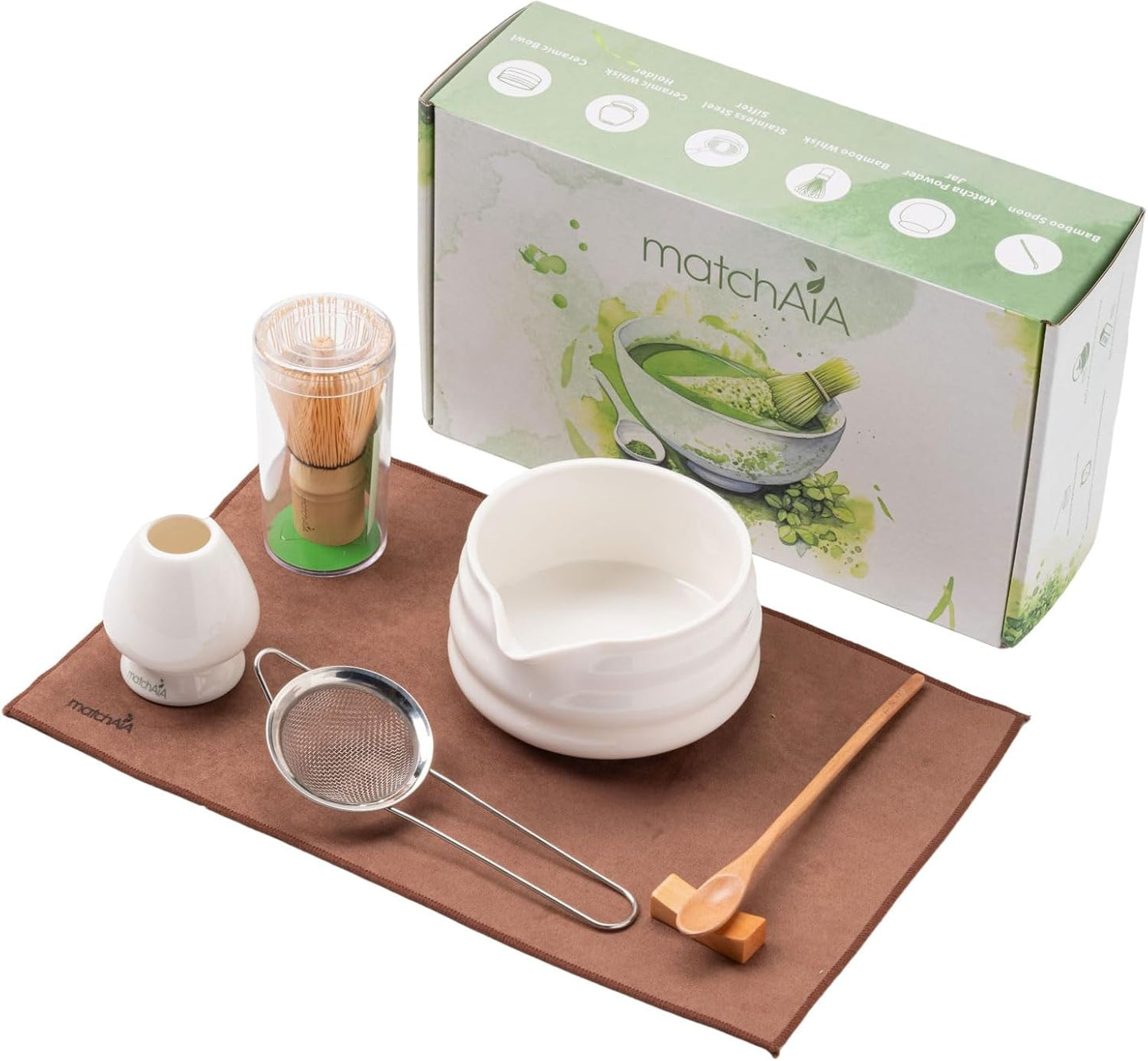 7 Pcs Matcha Set - Ceramic Bowl, Bamboo Whisk with Holder, Sifter, Schima Spoon, Spoon Rest and Tea Towel, Complete Kit for Traditional Matcha and Modern Lattes (White)