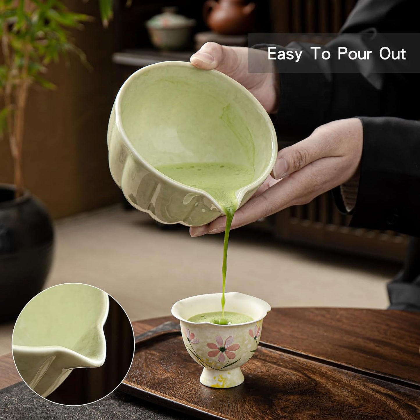 Matcha Whisk Set, Matcha Bowl with Spout, Matcha Whisk, Chasen Holder, Sifter, Bamboo Scoop - 5 Pcs Perfect Matcha Making Kit for Matcha Lover and Tea Ceremony (Speckled Green)