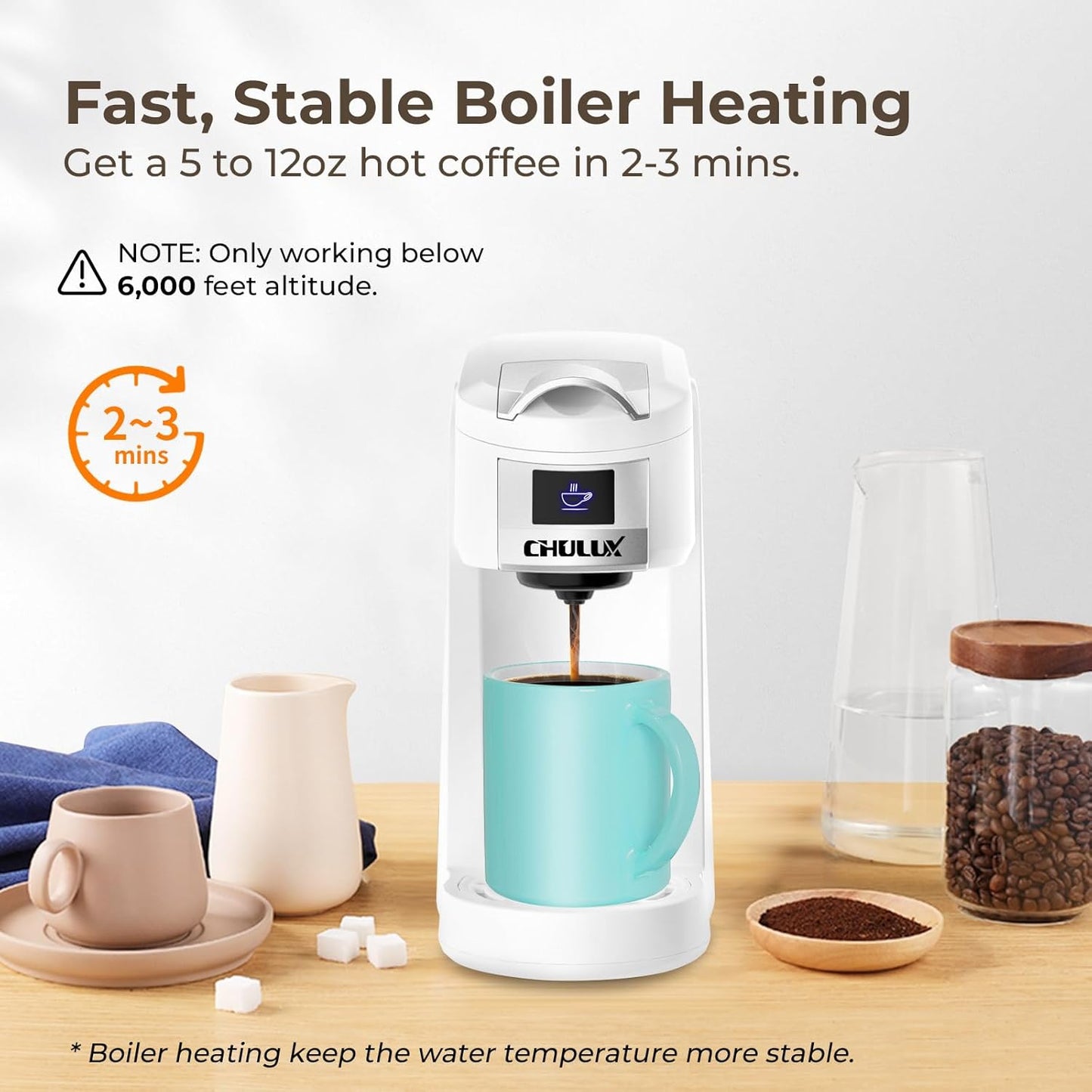 CHULUX Classic Single Serve Coffee Maker for K Cup, One Button Easy Coffee Machine for Office, RV, Travel and Dorm, White