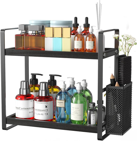 Bathroom Counter Organizer, Wood Vanity Trays with Basket, Skincare Countertop Organizers, Large Capacity Makeup and Perfume Organizer