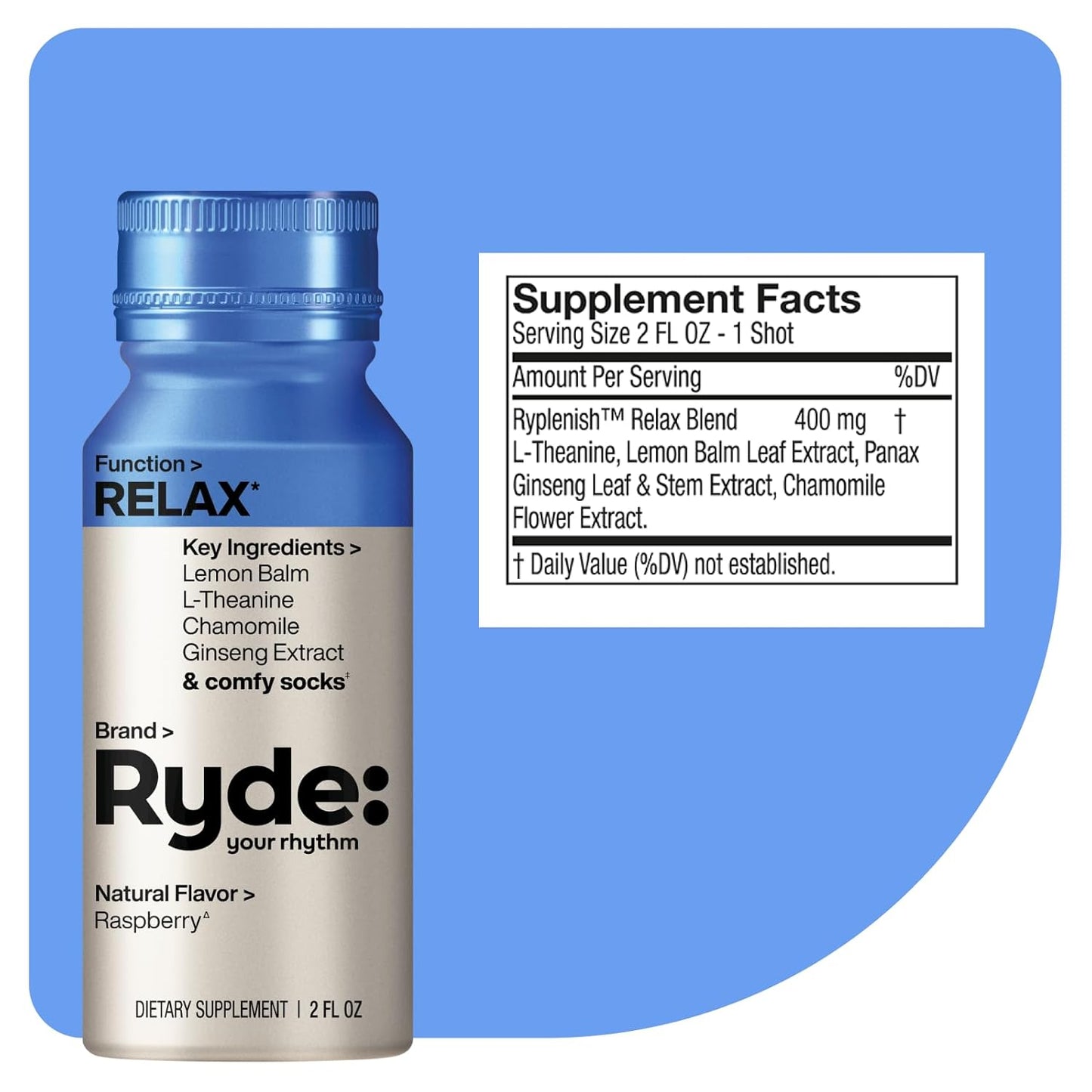 Ryde: Relax Shot | Raspberry Flavor | Lemon Balm, L-Theanine, Ginseng & Chamomile | 0 Calories, 0 Sugar | 2 FL OZ Shots | Helps You Relax* (8 Pack)