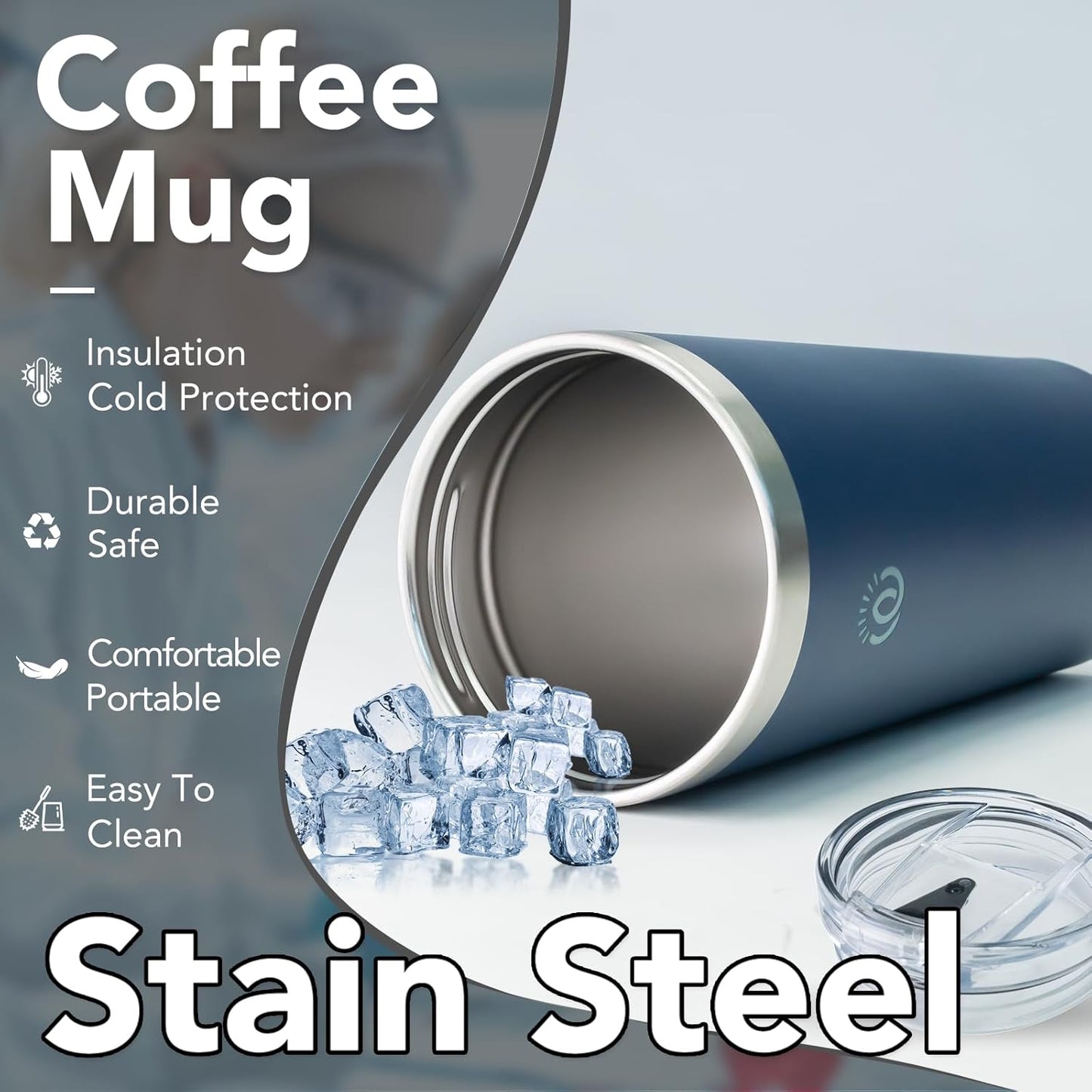 Insulated Coffee Mug with Lid, Reusable Stainless Steel Travel Coffee Cup, 16 Oz Double Wall Vacuum Spill Proof Tumbler Cups for Men and Women Hot & Cold Drinks（Aegean）