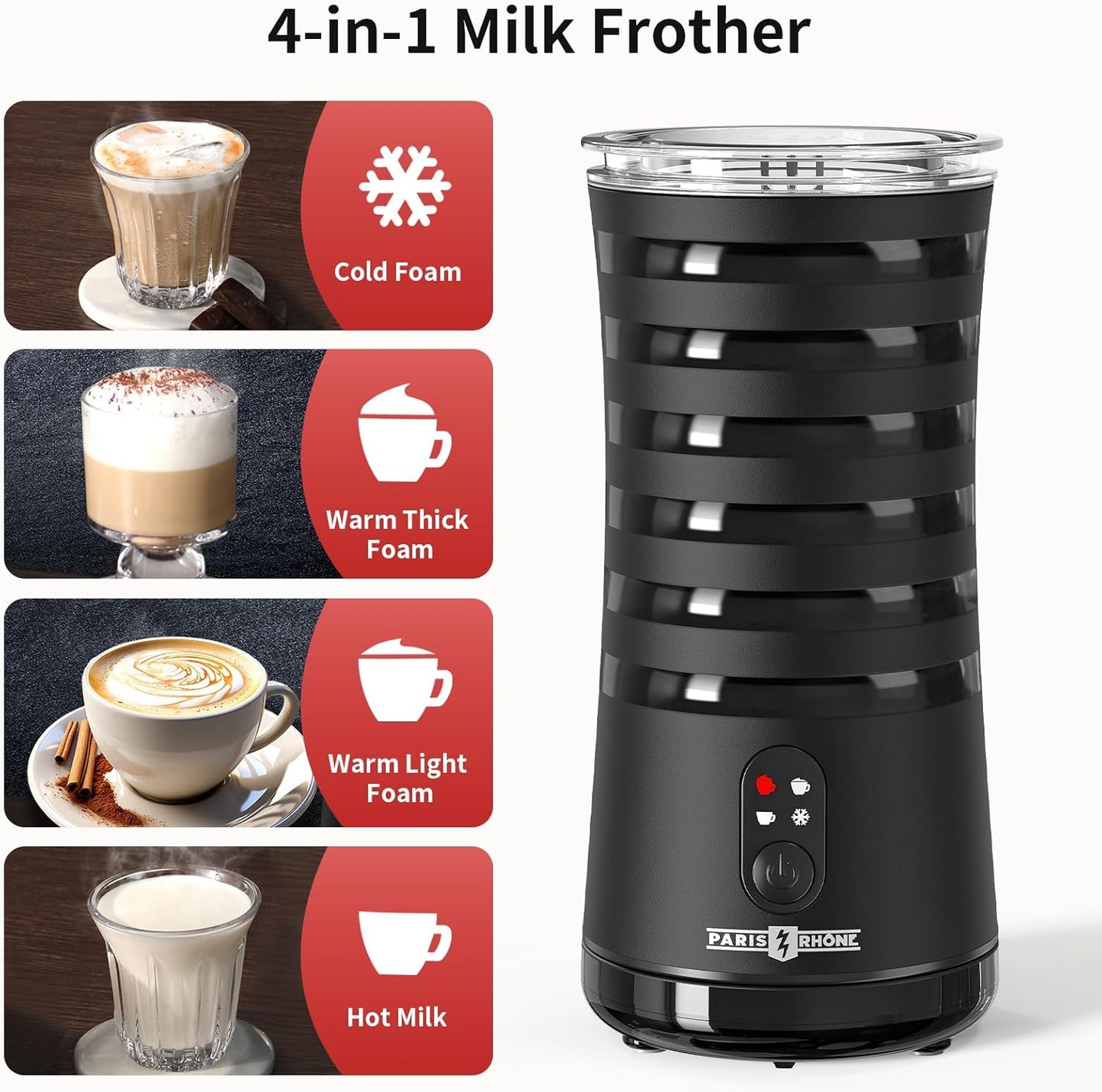 Paris Rhône Milk Frother, 4-in-1 Milk Steamer and Frother, Hot & Cold Foam Milk Warmer with Temperature Control, Auto Shut-Off Frothers for Coffee, Latte, Cappuccino, Macchiato