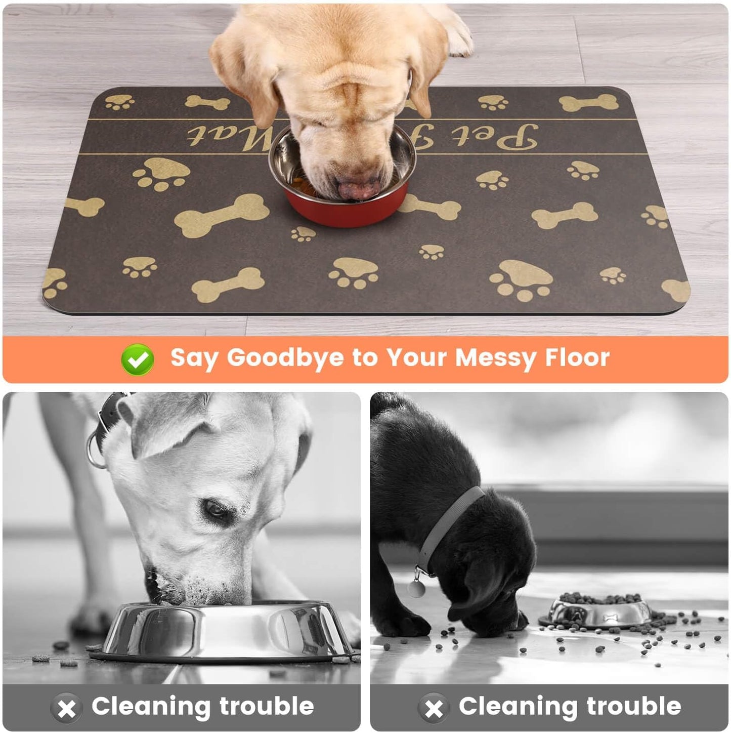 Pet Feeding Mat-Absorbent Pet Placemat for Food and Water Bowl, with Waterproof Rubber Backing, Quick Dry Water Dispenser Mat for Dog and Cat (16"x24", Brown)