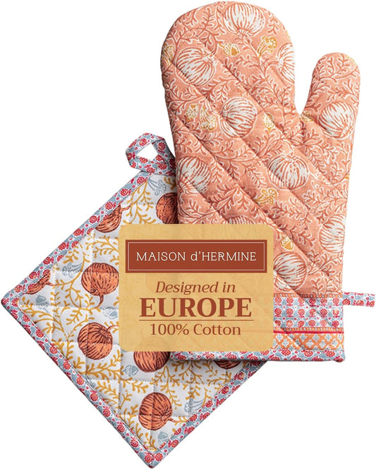 Maison d' Hermine 100% Cotton Oven Mitt & Pot Holder Set (7.5"x13" & 8"x8") Heat Resistant BBQ Cooking Gloves with Loop, Baking, Grilling, Kitchen, Handling Hot Pans (Harvest Festival)
