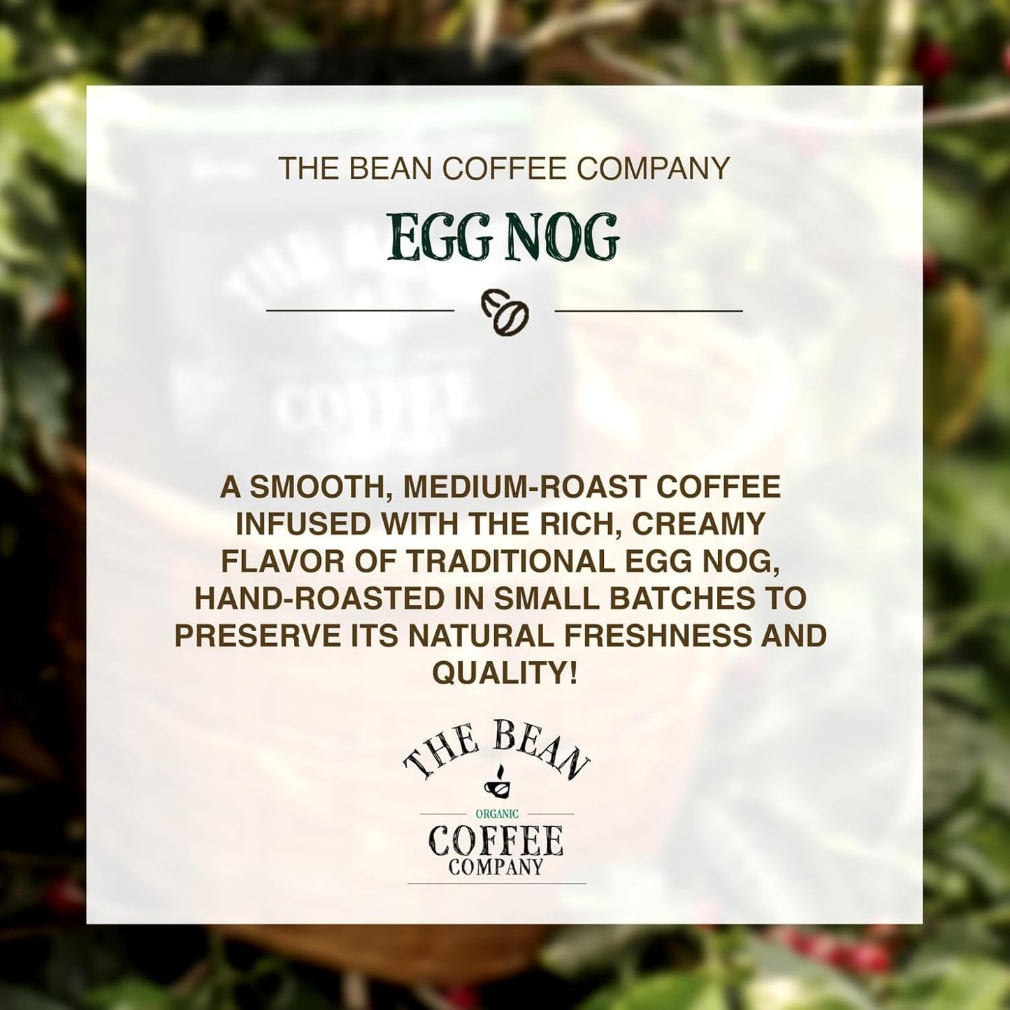 The Bean Organic Coffee Company Egg Nog, Medium Roast, Ground Coffee, 16-Ounce Bag, Café molido tostado orgánico