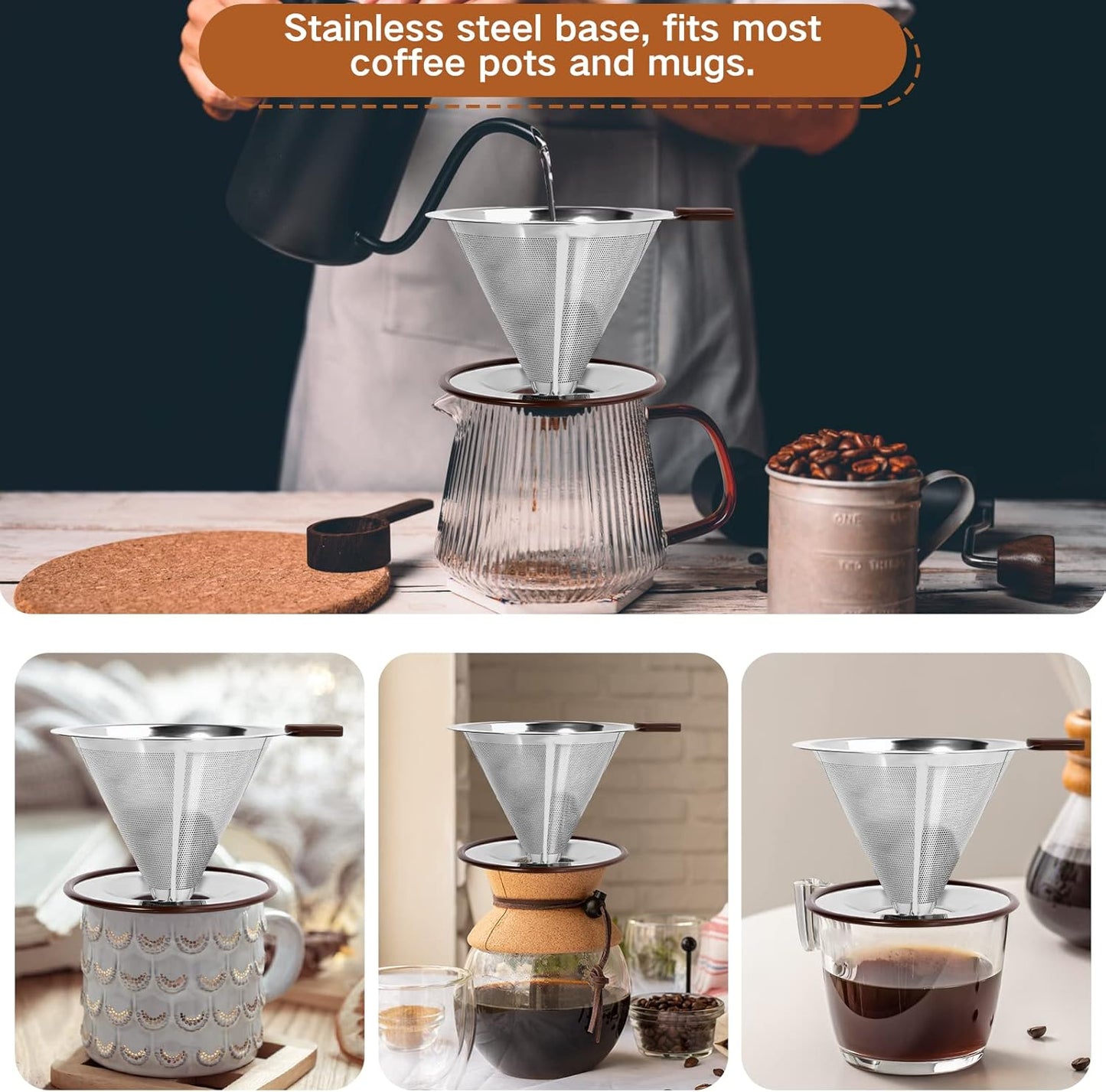 Pour Over Coffee Dripper，Reusable Stainless Steel Drip Cone Coffee Filter, Update Double Ultra Fine Micro Mesh Filter, Professional Paperless Drip Brew Coffee Cone Maker with Cup Stand,1-4 Cup