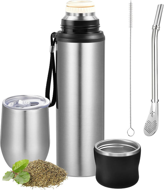 Dandat 2 Pieces Yerba Mate Cup and Vacuum Bottle Kit 12 oz Yerba Mate Gourd Cup and Bombilla Set for Travel, Turn The Cup Upside Down to Pour out All The Water(Steel Color)
