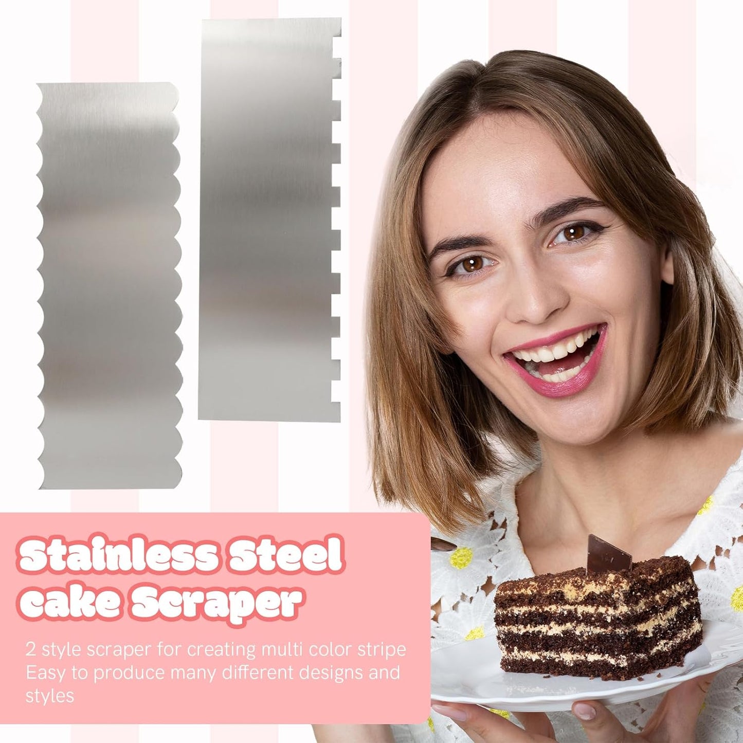 4 PCS Cake Scraper, Stainless Cake Smoother, Icing Smoother, Side Pattern Edge Stripes with Smooth Edges for Pastry Cutting and Mousse Cream Cake Decoration