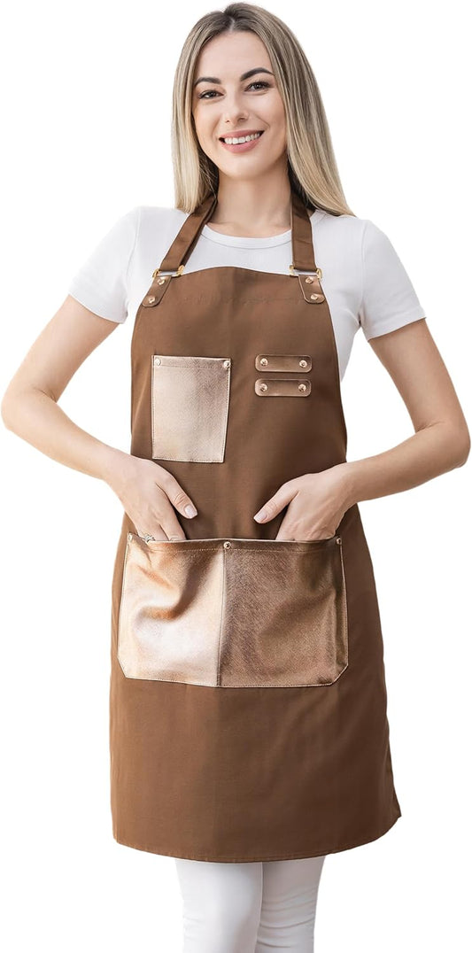 Barista Waitress Chef Cooking Aprons Waterproof Canvas Hair Stylists Apron with 3 Pockets for Women