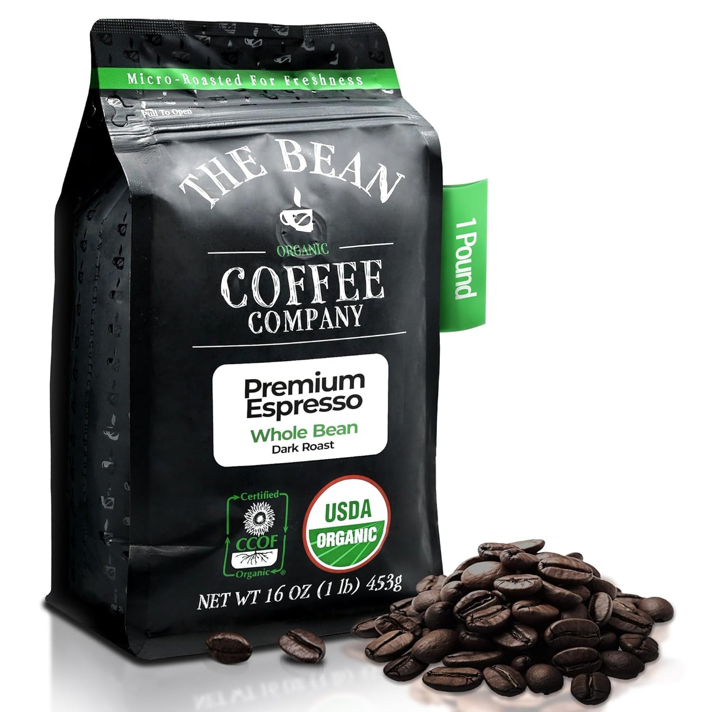 The Bean Organic Coffee Company Premium Espresso, Dark Roast, Whole Bean Coffee, 16-Ounce Bag