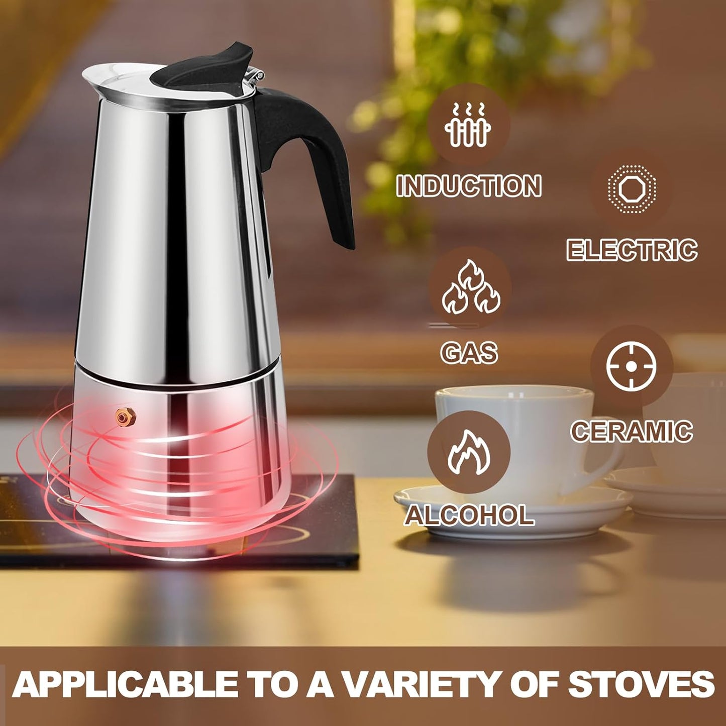 9 Cup Stovetop Espresso Maker Stainless Steel Moka Pot Stove Top Percolator Italian Coffee Makers Capable Mocha Greca Machine Cafe Classic Induction Cookers for Home and Camping 450ml 15oz