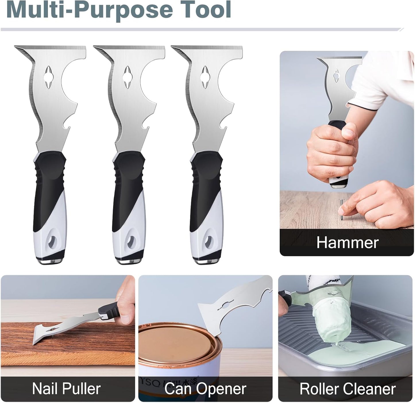 Mister Rui 2 Pack 10 in 1 Putty Knife - Multi Use Painters Tool, Taping Knife, Paint & Metal Scraper with Hammer End, Razor Blade Spackle Tool