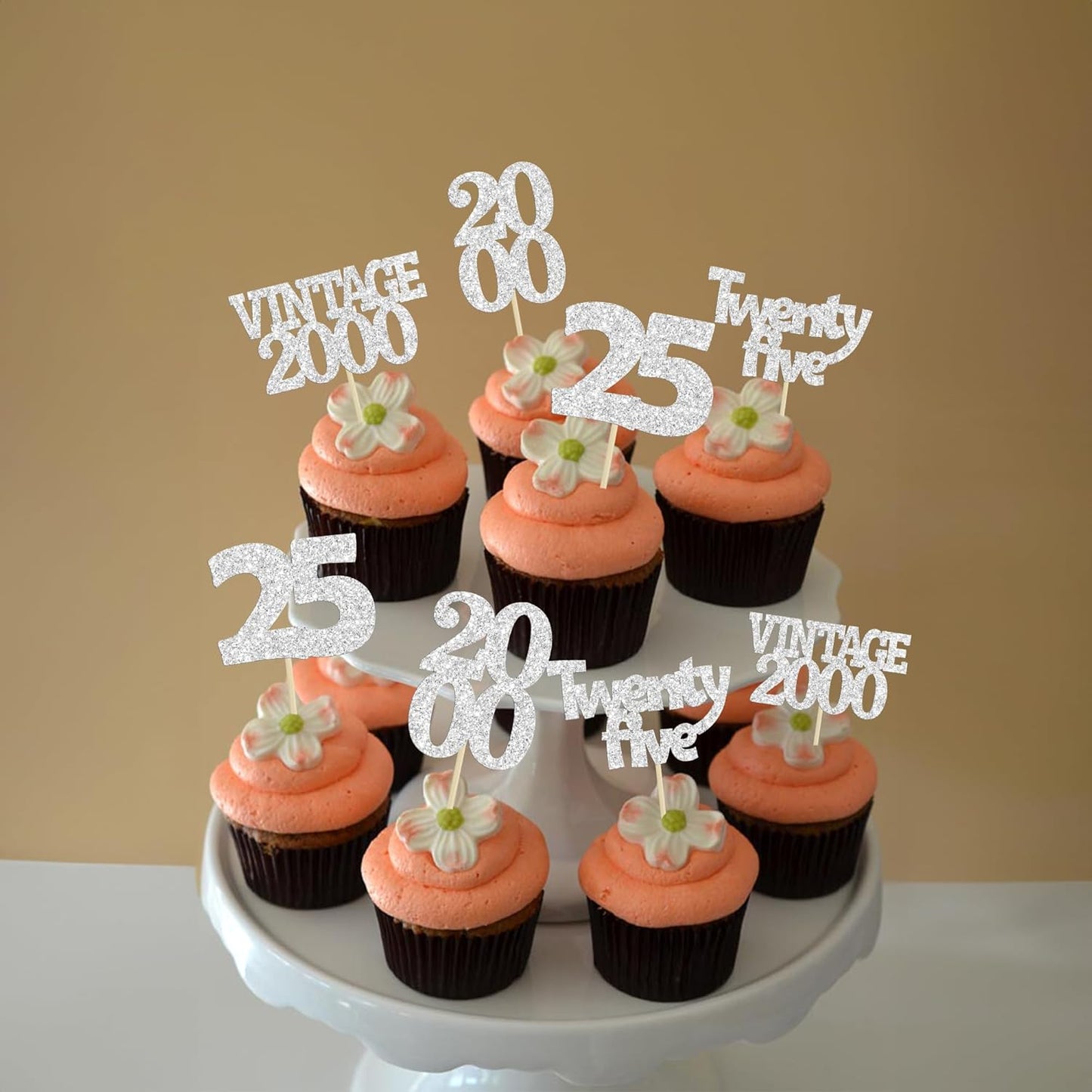 Gyufise 24Pcs 25th Birthday Cupcake Toppers Glitter Twenty-five Vintage 2000 Hello 25 Years Birthday Cupcake Pick Cheers to 25 Cake Decoration for Happy 25th Anniversary Party Supplies Silver