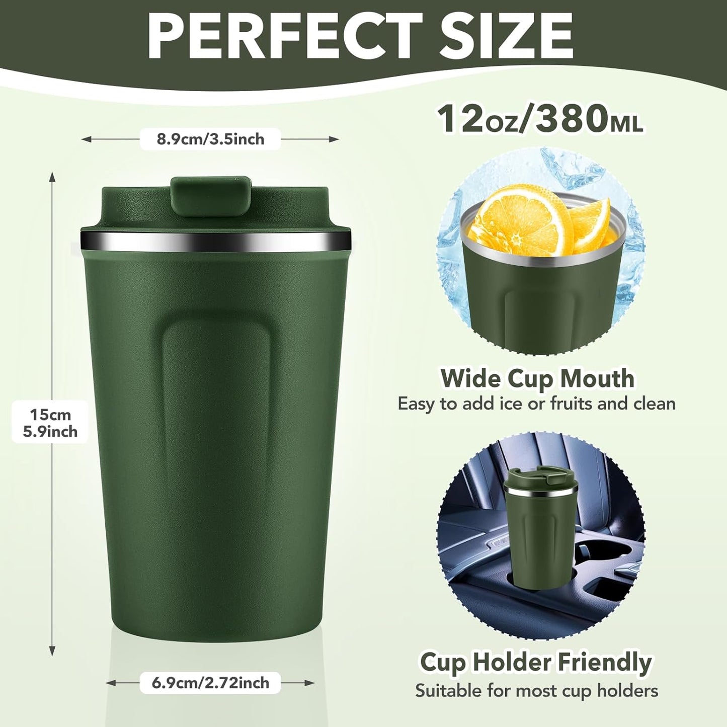 Volhoply 12 oz Double Wall Insulated Vacuum Travel Coffee Mug with Flip Lid Bulk 4 Pack,Reusable Stainless Steel Leak Proof Coffee Cups,Portable Thermal Tumbler for Hot & Cold Drinks(Army Green,4 Set)