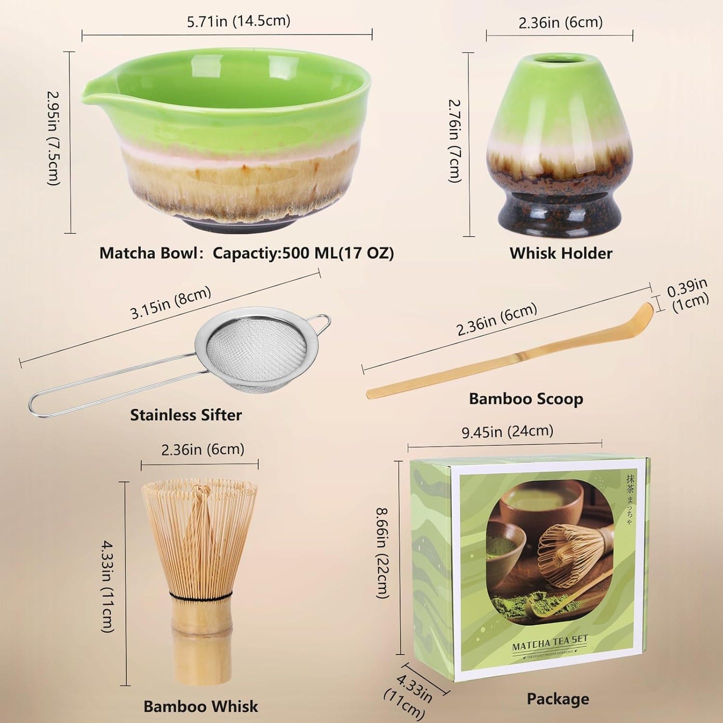 Matcha Whisk Set,Bamboo Chasen Whisk,Green Matcha Bowl with Spout, Chashaku Scoop, Sifter,Matcha Whisk and Holder – 5 PCS Matcha Kit for Matcha Lovers Making Latte Drinks,Gift for Starters Lovers