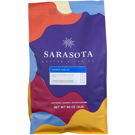 Sarasota Coffee Ground French Vanilla | Medium Roast Gourmet Flavored Coffee Grounds | Low Acid, Mold Free, Specialty Grade Flavored Bulk Ground | 5lb (80 oz)