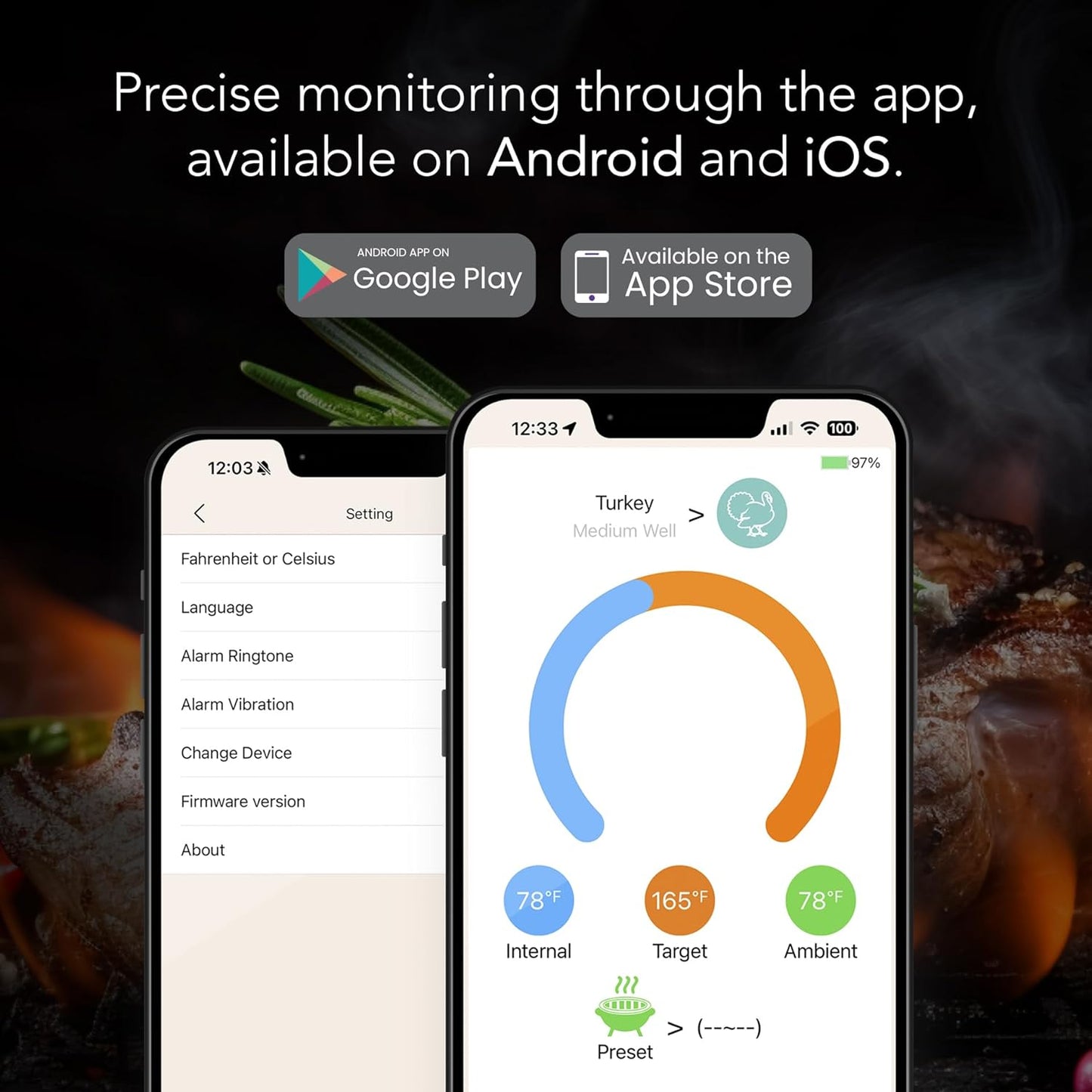 Charm Smart Wireless Meat Thermometer 1000°F Open Flame Grilling - 500 ft Range Bluetooth Meat Thermometer for BBQ, Grill, and Smoker - Dual Temperature Sensors App-Controlled Food Thermometer