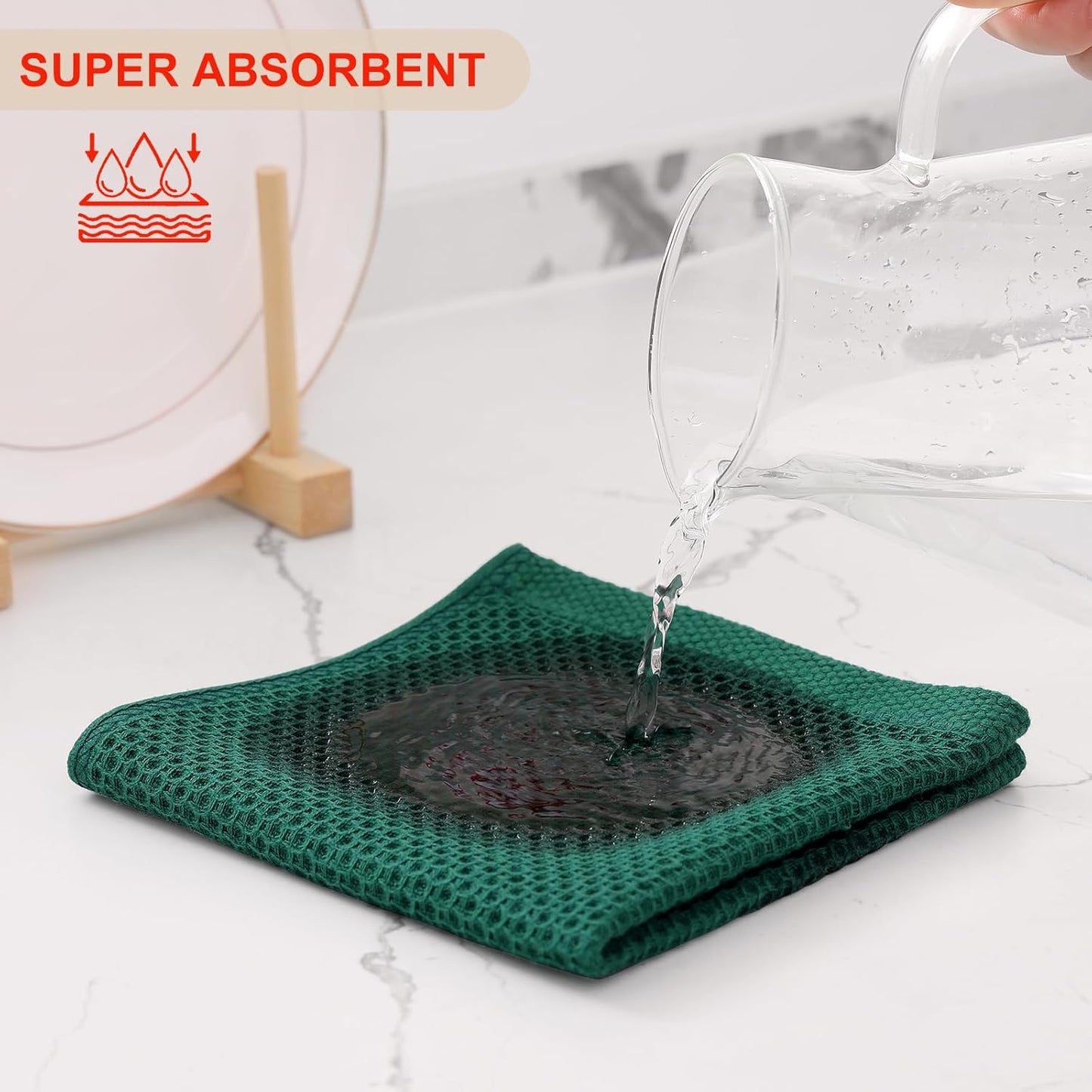 Kitinjoy 100% Cotton Kitchen Dish Cloths, 6 Pack Waffle Weave Ultra Soft Absorbent Dish Towels for Drying Dishes Quick Drying Kitchen Towels Dish Rags, 12 X 12 Inches, Dark Green