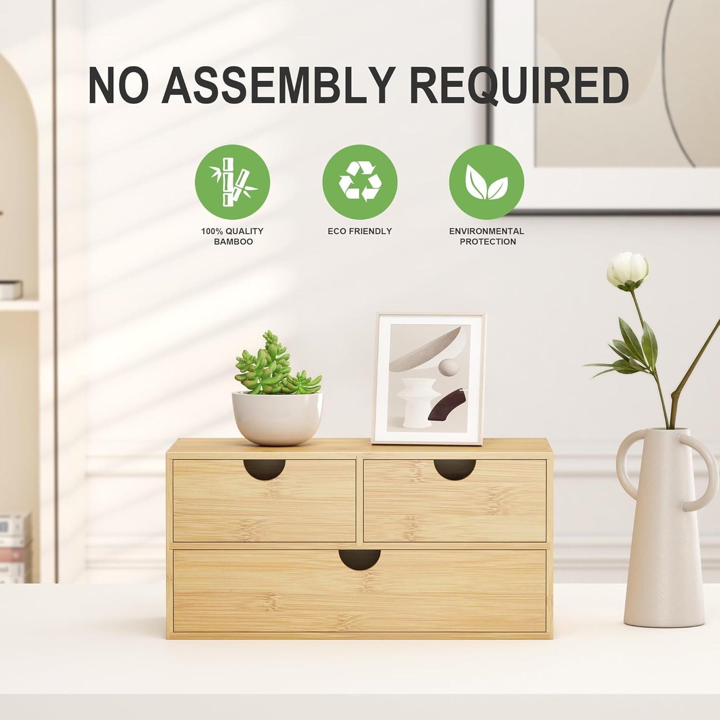 Bamboo Desk Organizer with Drawers - Small Desktop Countertop Mini Tabletop Storage Container - No Assembly Required