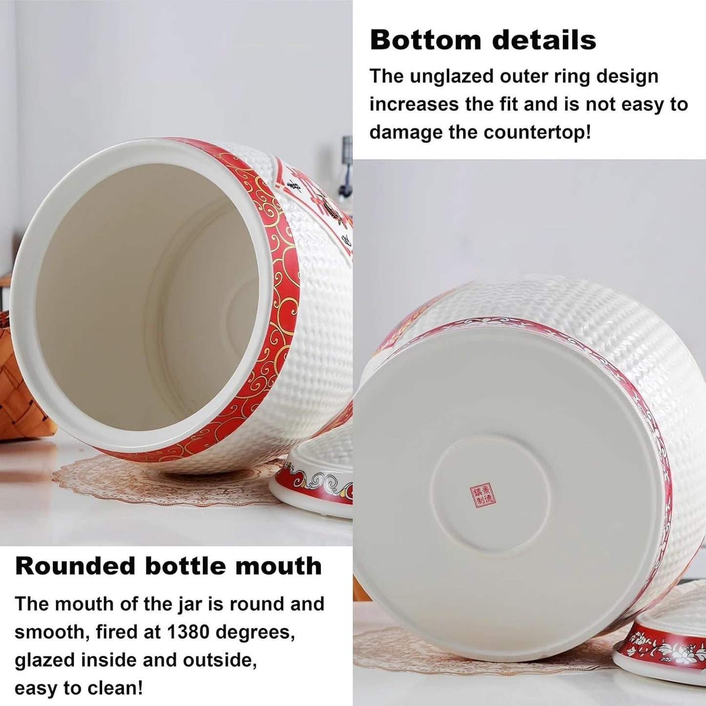 Chinese Sealed Large-Capacity Rice Pot, Ceramic Rice Bucket With Tassel Design, Grain Storage Ceramic Container, Rice Dispenser Airtight Storage Bucket For Grains Snacks Candy Coffee Beans Food(D,Capa