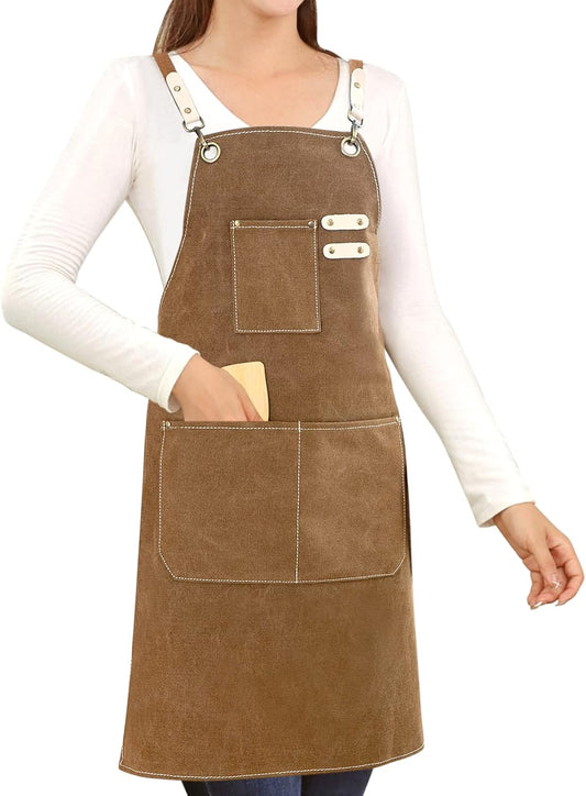 Cotton Canvas Cross Back Apron for Art Painting Garden Chef Bartender Work,Women Men 3 Pockets Waterproof Adjustable M-XXL