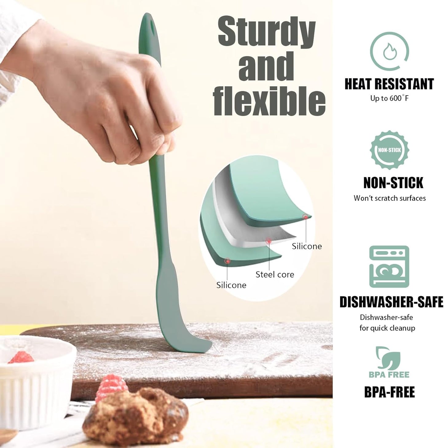 Silicone Spatula, 4-Pack Silicone Set Heat Resistant for Non Stick,Food Grade Cookware with Stainless Steel for Mixing,Cooking,Baking,Flipping,Spreading,Lifting,Serving,BPA Free,Dishwasher Safe(Green)