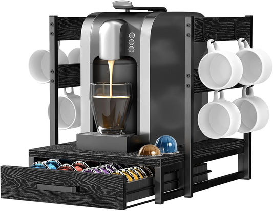 Coffee Pod Holder Compatible with Nespresso, Vertuo Pod Holder for 56 Small or 28 Large, Nespresso Capsule Organizer Drawer Coffee Maker Station with Cup Rack, Black