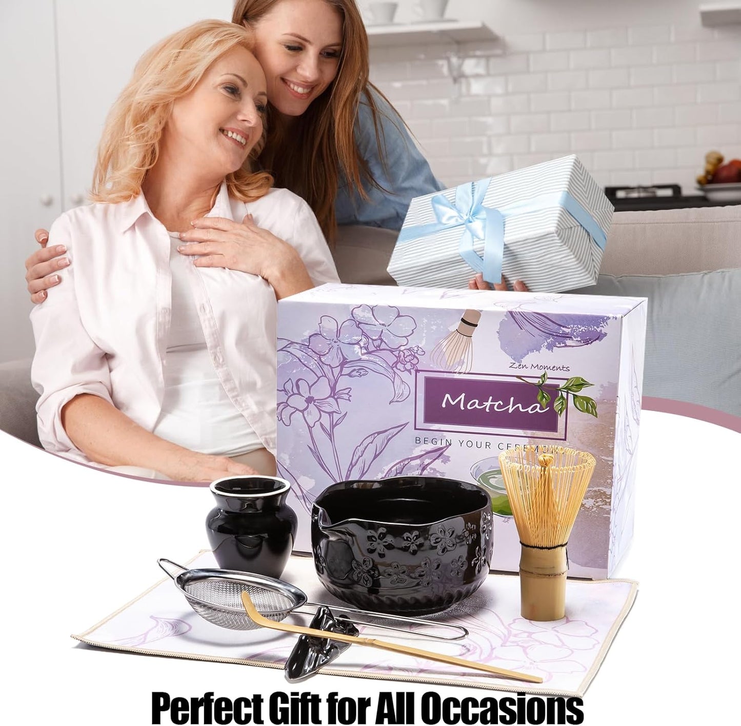 Matcha Whisk Set - Traditional Japanese Handmade Bamboo Matcha Whisk and Holder, Matcha Bowl,Bamboo Scoop, Scoop Rest, Sifter and Tea Towel (Black)