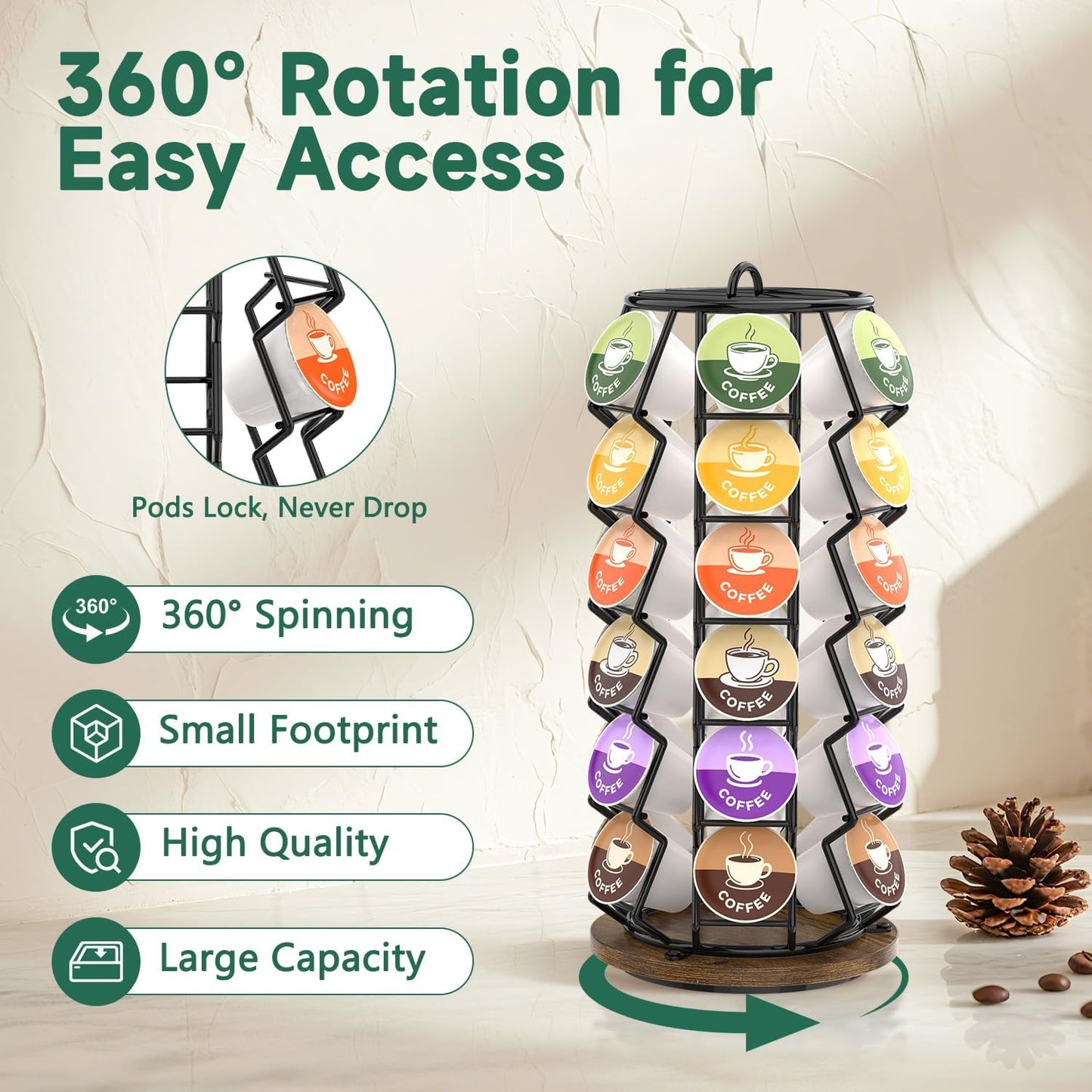 EsLuker.ly K Cup Coffee Pod Holder Organizer Carousel for Counter, Rotating Metal Rack Stand Small for 36 Pods Home Office Kitchen Storage, No Assembly Required, Black