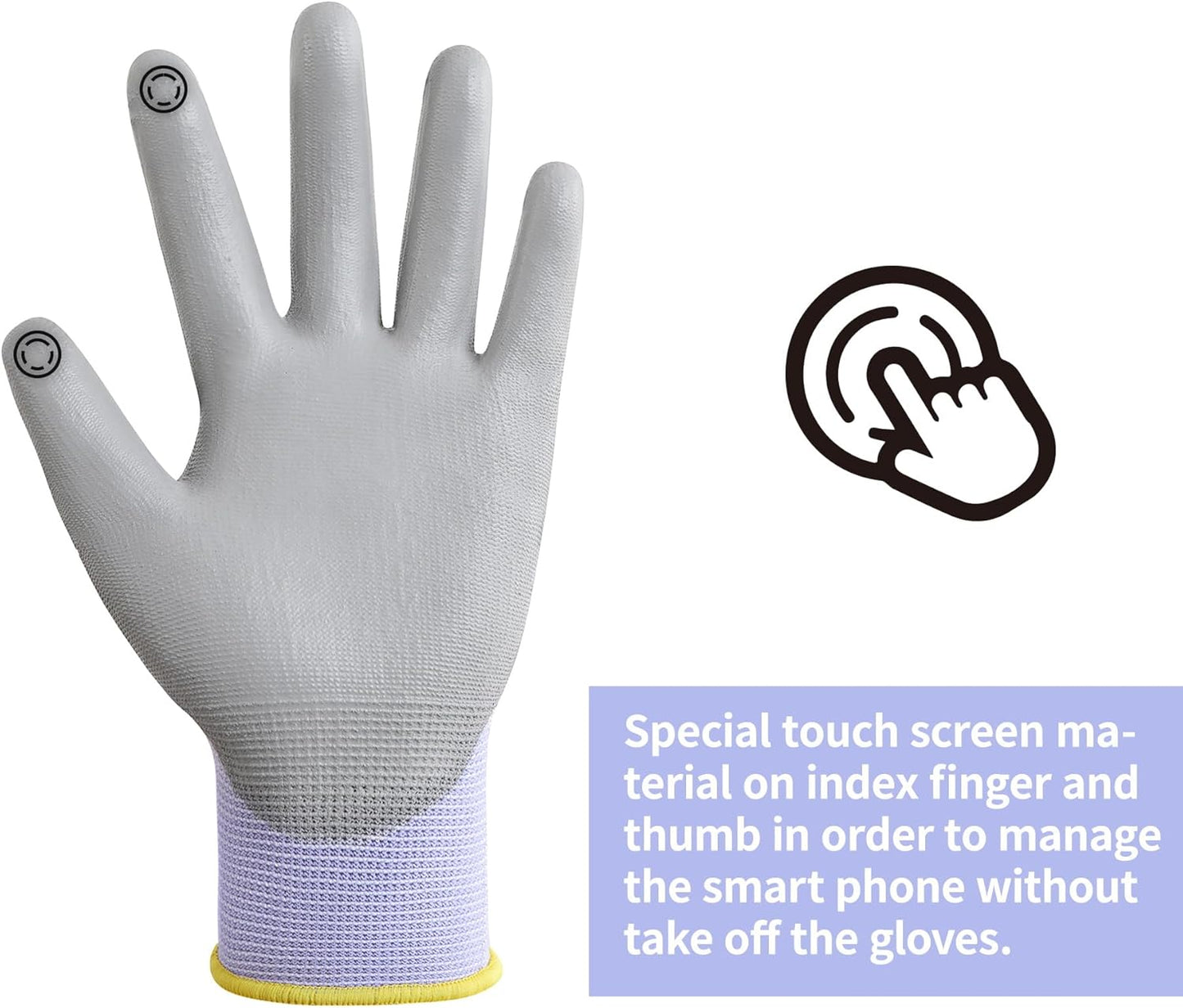 DULFINE Work Gloves for Men PU Coated 12 Pairs Bulk Pack,Purple Seamless Knit Glove with thin Polyurethane,Two Finger Touchscreen, for Men and Women, Ideal for Light Duty Work. (Large)