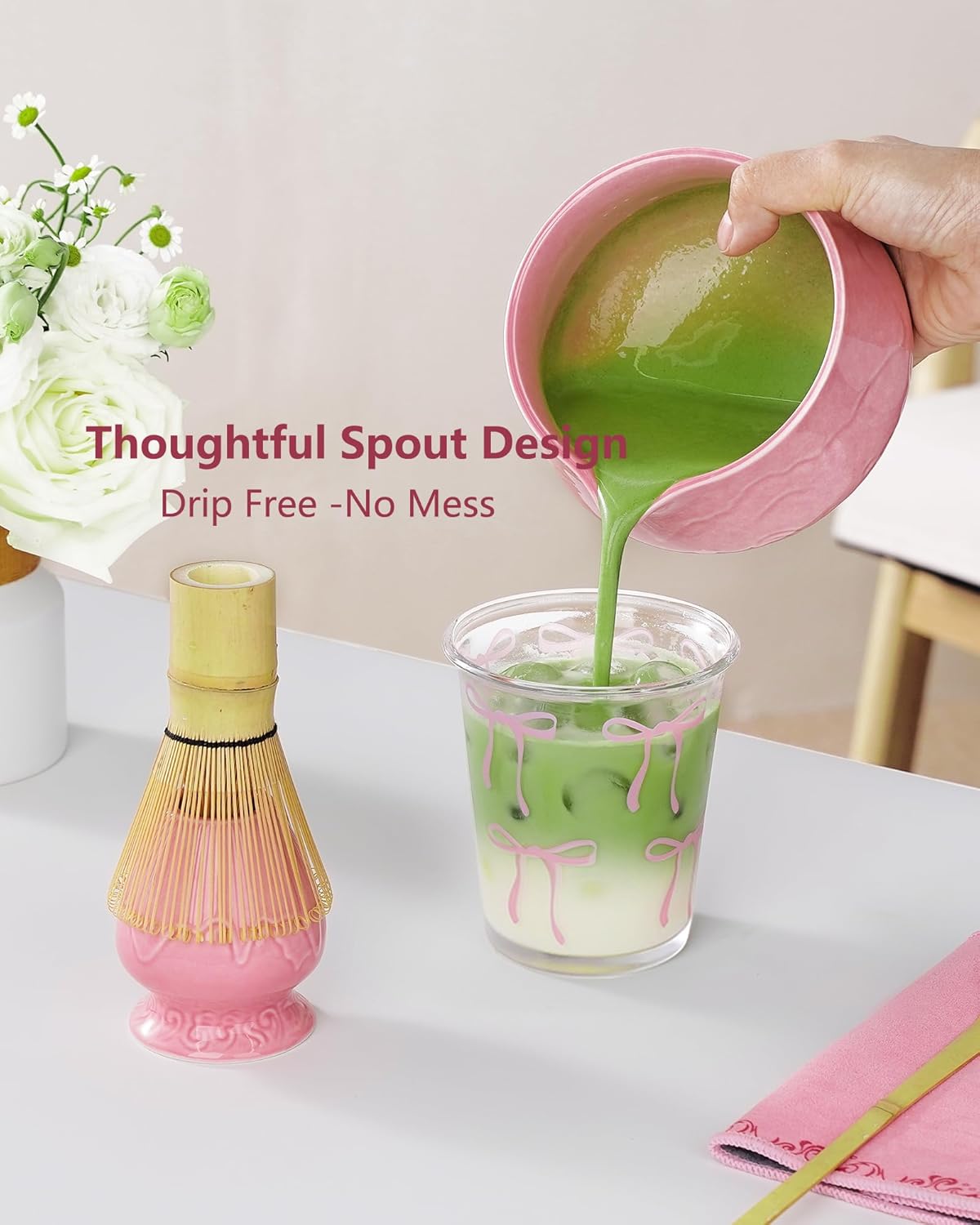ZENS Pink Matcha Set, Matcha Whisk Set Includes 15oz Ceramic Bowl & (Chasen Holder), Bamboo Whisk & Scoop, Sifter and Pink Tea Towel, 6pcs Matcha Kit for Matcha Lovers