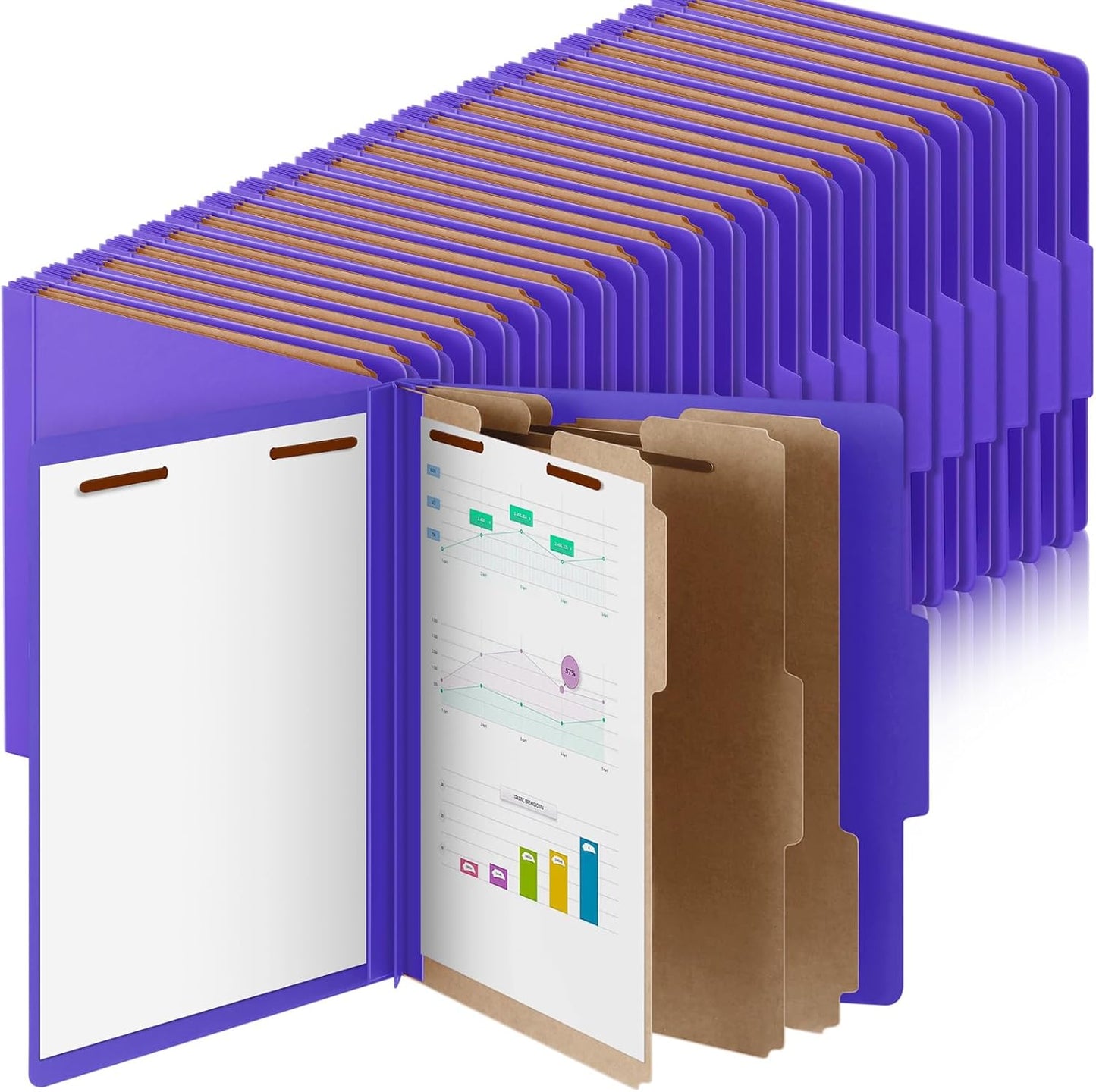 60 Pcs Classification Folders Letter Size, Back to School Supply for Teacher, Student, 3 Dividers Pressboard File Folder Bulk with 2 Fasteners, 3.5 Inch Expanding File Organizer (Purple)